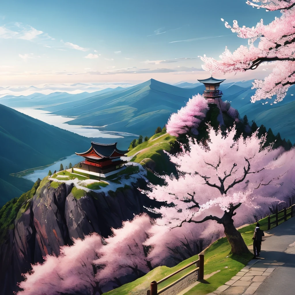 Cherry blossom on a mountain with a samurai