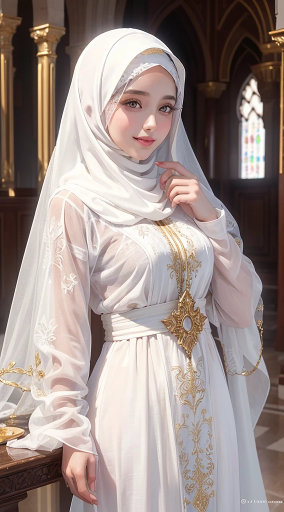 annia a veiled girl wearing a white hijab, a hidden hijab, a religious girl, a respectable girl wearing a white abaya with golden decorations and engravings, hazel eyes, white skin, pink lips, a refreshing smile, a lively girl, a movie scene, high resolution, high qualit