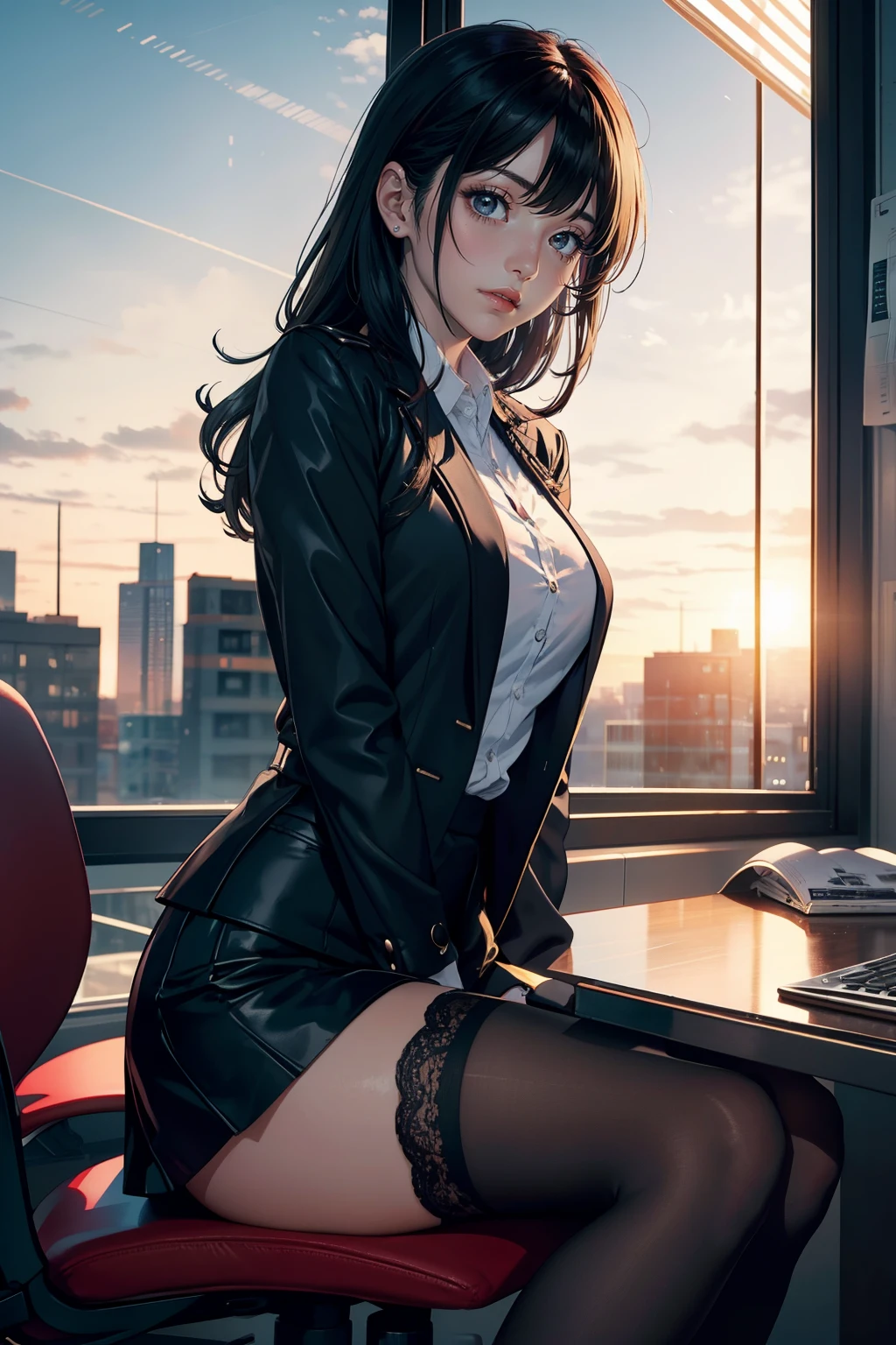 1 girl sitting on an office chair,Computer,(European model:1.3),31 years old,delicated,Business womenswear,(jaket:1.1),(The shirt:1.1),(Wrap skirt:1.1),jewelry,Hosiery,Stockings,black lence stockings,goosebumps,Goose - meat,(Fidelity:1.3),filigree,quality,(tmasterpiece:1.2),(Fidelity:1.2),(best qualtiy),(skin detailed:1.3),(Complicated details),dramatics,Ray traching,photore,Bathed in shadows,visual novel,The boss's office for a skyscraper,window with view on the city,filmgrain,depth of fields