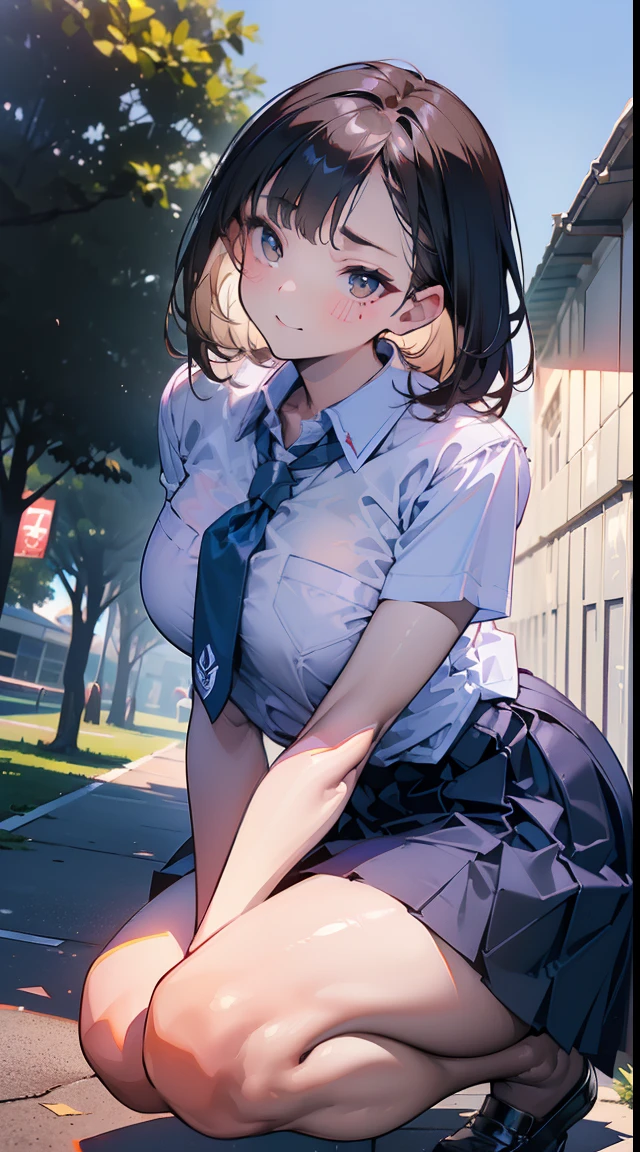 ((portfolio:1.2)),Perfect hand drawing、((Place one knee on the ground:1.2)), (Angle from below:1.2)、Beautiful body lines、1 beauty, (thick neck:1.4)、(broad shoulders:1.4)、(Smaller face)、(pointed breast:1.6)、Model body type、(Smaller chest:1.2)、、Sharp eyes、Watery Big Eyes、Impatience and shy laughter:1.2、((student clothes:1.4))、Shirt and knee-length skirt、(facefocus:1.4)、evening、Extremely detailed, Detailed background, Cinematic lighting, (Pull up your skirt to show your underwear:1.2), (Lace bra visible through unbuttoned shirt:1.2)、(On campus:1.2)、(Unmanned classroom in the evening:1.2)、Footboard beauty