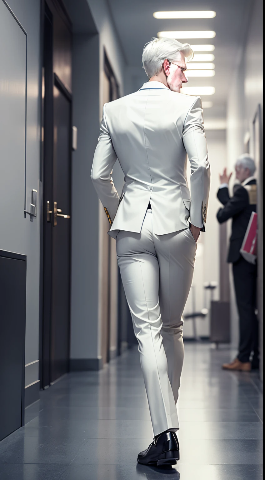 The white-haired man is wearing a suit and trousers, with his butt raised toward the camera and his white coat raised from behind.