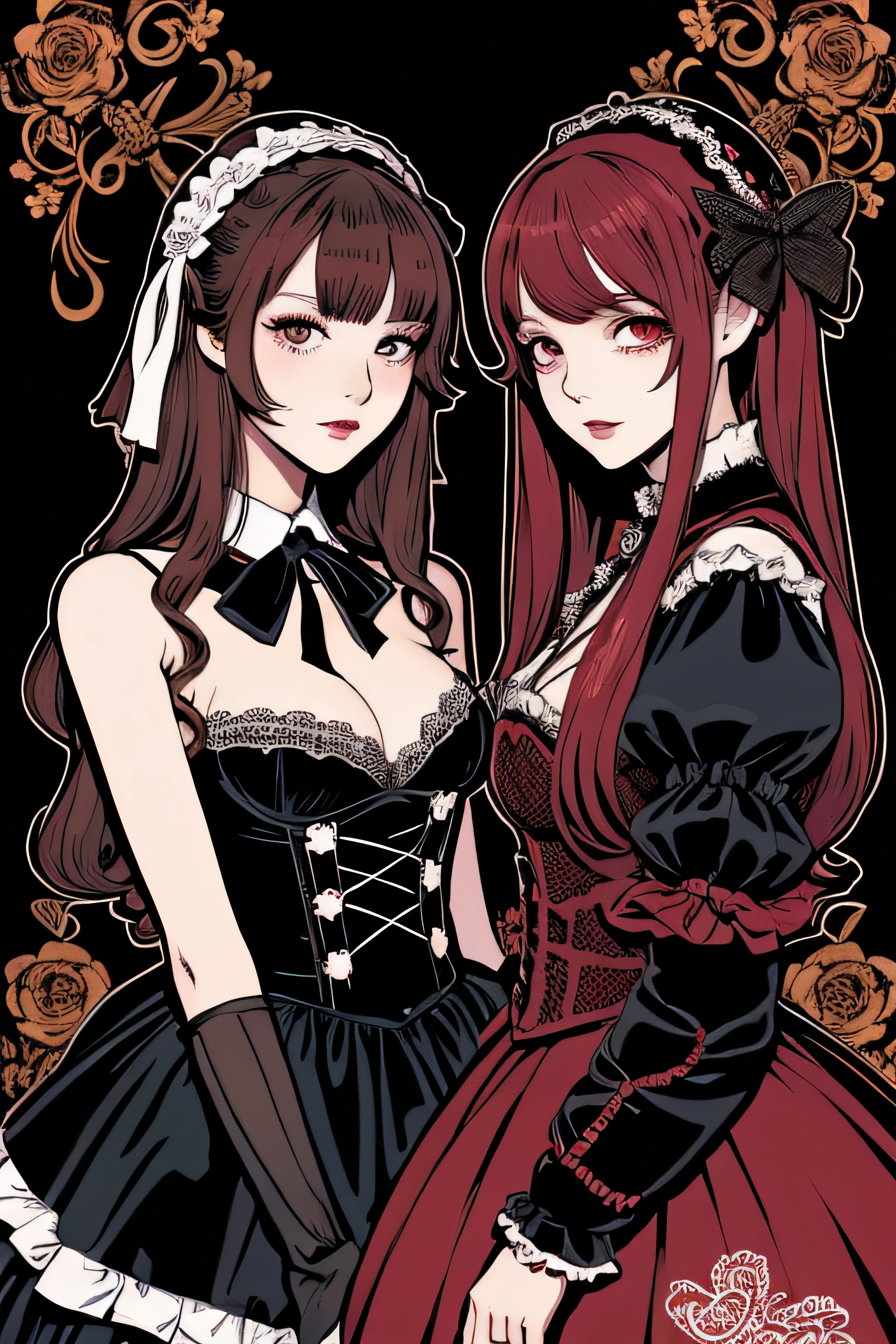 Beautiful Hardcore Illustration homepage illustration style, dark, high resolution, hard touch illustration, strong outline, two girls, gothic & lolita style, gothic & lolita fashion, 8k, American comic style, colorful background, Hiroyuki Nagasaka, aggressive, beautiful face, cool beauty, dress, beauty style, red color, battle, Hard illustration, red colored hair, Two persons, rose, backwards,