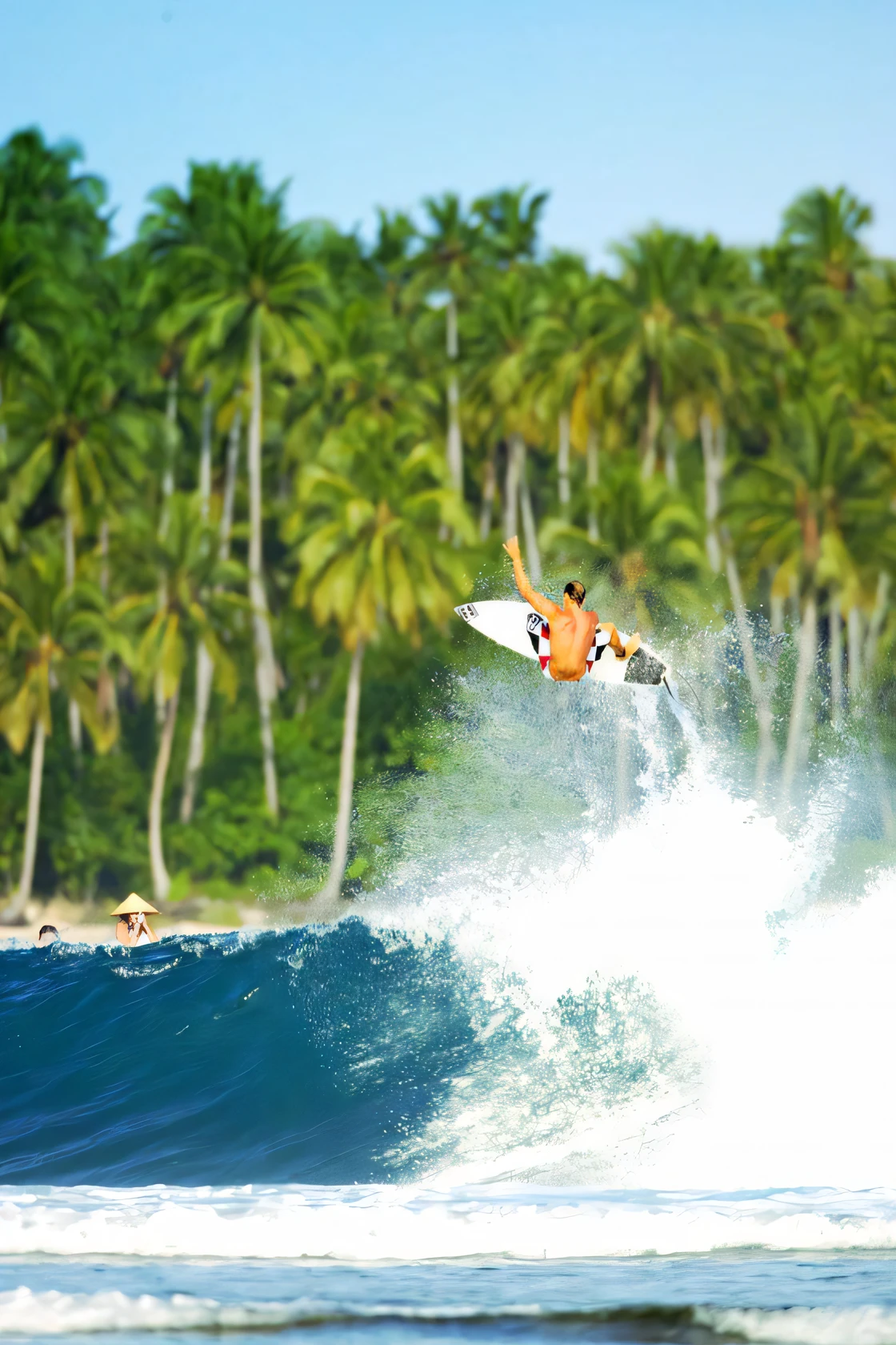 surfer in the air after a big wave in the ocean, surf photography, surfing, instagram photo, instagram post, crisp clean shapes, surf, action sports photography, extreme sports photography, polinesian style, high quality wallpaper, jamie coreth, big wave surfing, nick silva, instagram picture, big island, caio santos, surfing a barrel wave, stunning visual