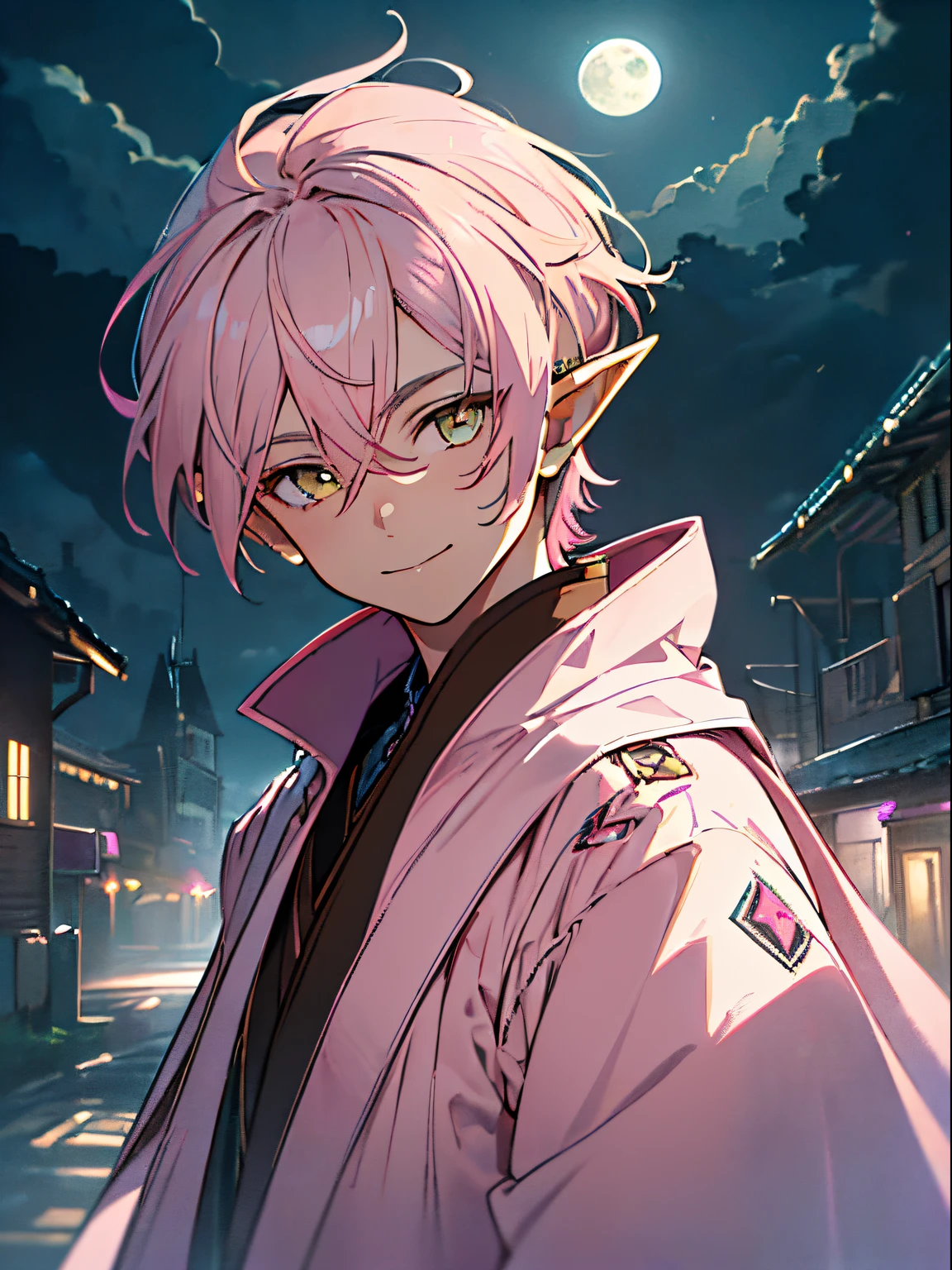 masterpiece, best quality, ((1boy)), (colorful), (finely detailed beautiful eyes and detailed face),cinematic lighting,bust shot,extremely detailed CG unity 8k wallpaper, sky, cloudy_sky, building, moonlight, moon, night, (dark theme:1.3), light, fantasy, ((Pastel Yellow Eyes)) ((Elf Ears)) (((Pink and Brown Tribal robes))) (((Pink Hair))) ((Smiling)) ((Short Hair))