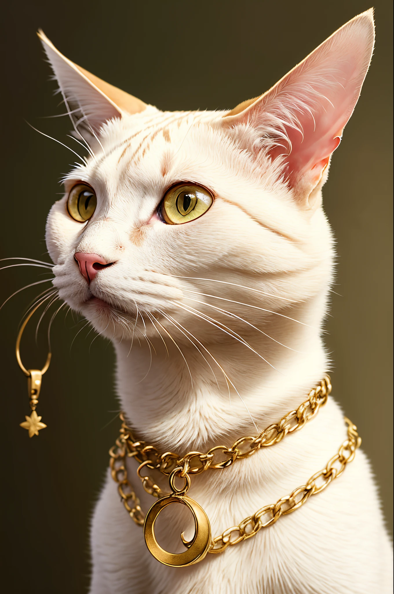Portrait of furry which looks like white oriental cat with big pierced ears, she has short fur and long neck with necklace