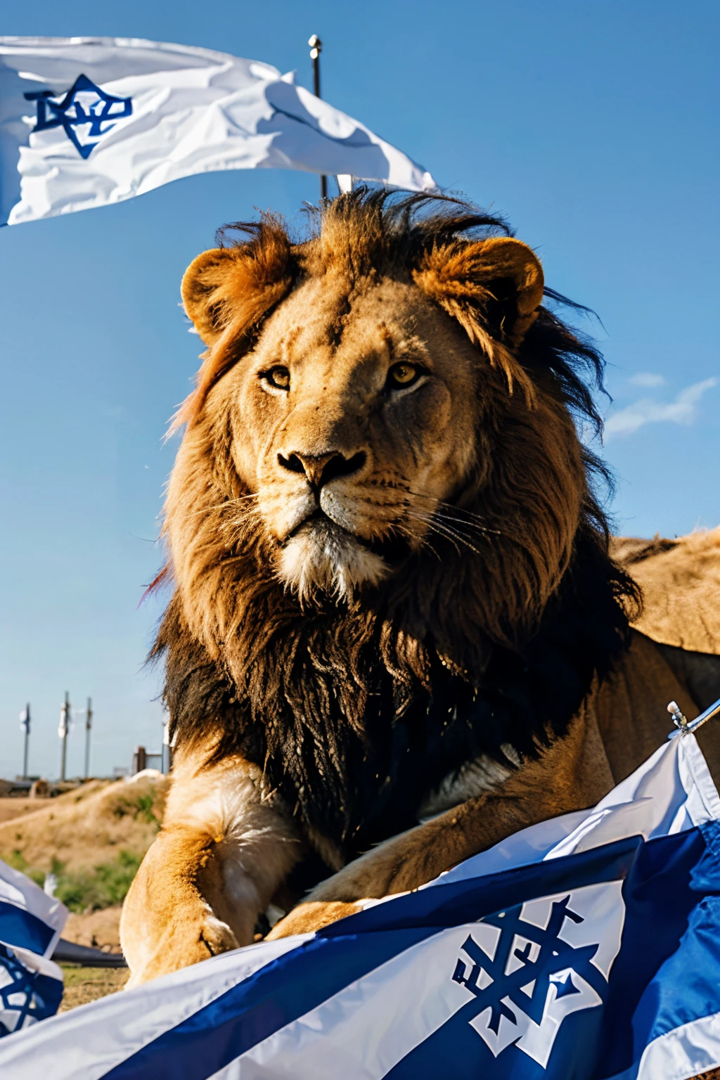 (regal lion:1.1),mane flowing in the wind, positioned in front of the Israeli flag,wind blowing the flag dramatically,evoking a sense of pride and national spirit,realistic portrait,ultra-detailed fur texture,vivid colors,sharp focus,studio lighting,highres,Israeli flag,flag billowing in the wind,king of the jungle, majestic expression,symbol of strength and power