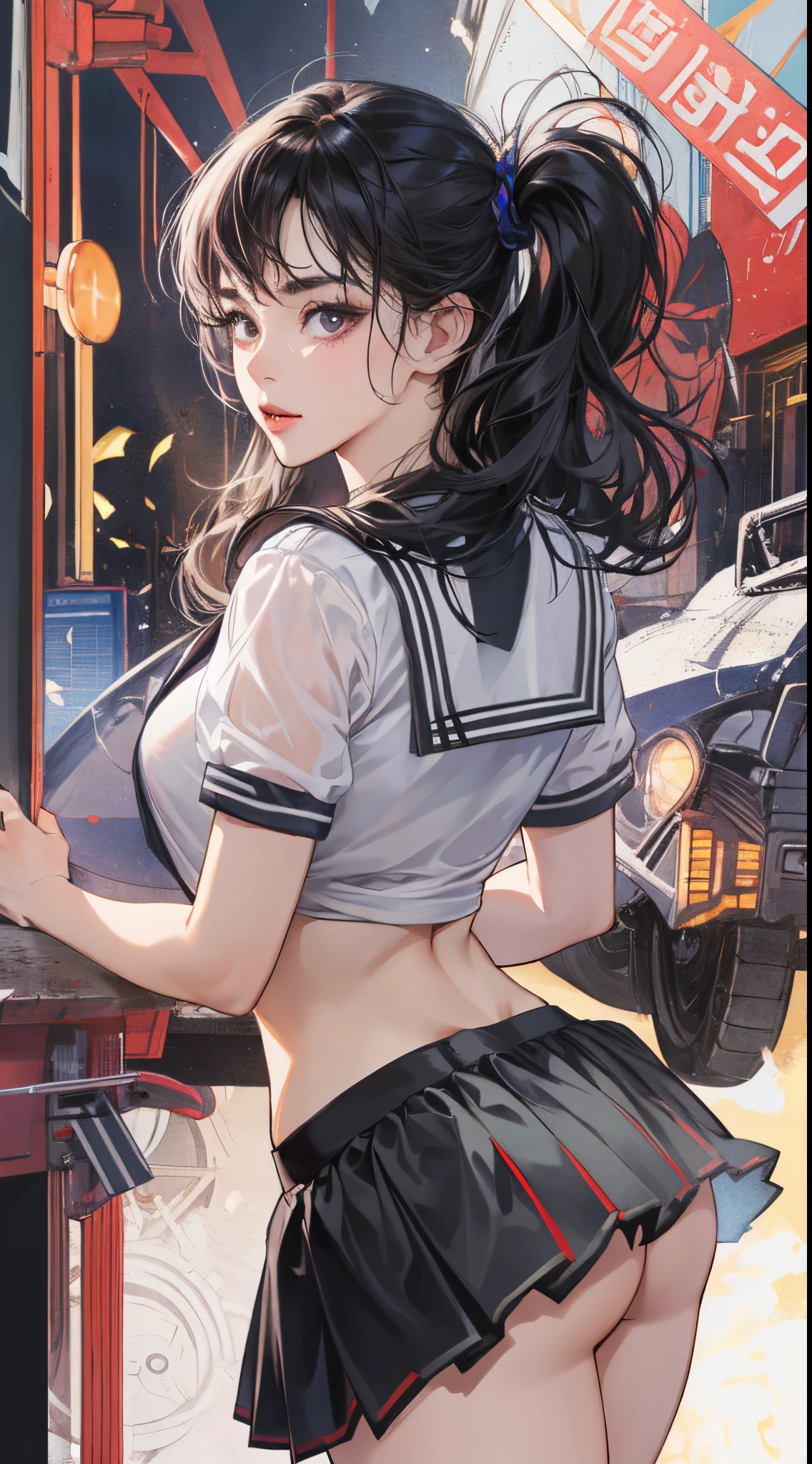 top-quality、4K picture quality、realistic touch,、Photorealistic style、high-detail、photoRealstic、big eye、lean and slender body、huge tit、Strong eyelashes、A sexy、full body Esbian、Flushed cheeks、Kamimei、thin-waist、Voluptuous thighs、Enraptured look、Tall、Her skirt is too short and her butt is visible.、long slender legs、Thin long eyebrows、Sensational attire、 I can see your breasts from the side、see-through short skirt、big butts、High school student in sailor suit