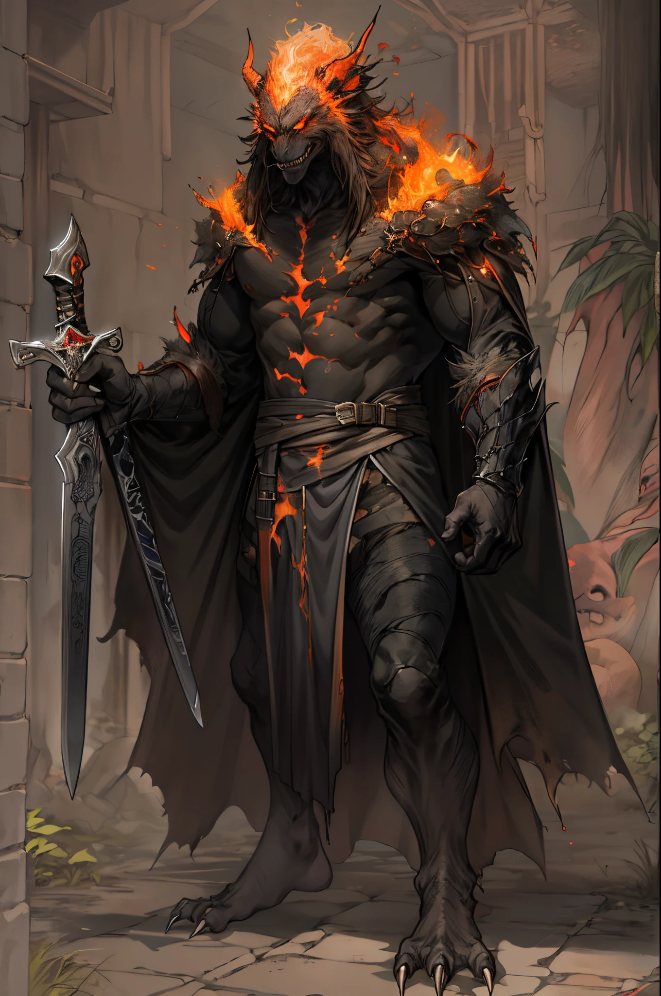 ultra detallado, beautiful and aesthetic, Beautiful, obra maestra , misterio , atmospheric , genial , sobrenatural , La mejor calidad , cueva , 1 hombre , 1 demonic monster , monstruo muy grande , Hombre matando monstruo , The man has a long black hooded robe , He can use magic , El monstruo tiene un cuerno muy grande , Monstruo respira hacer fuego , El hombre tiene una gran espada brillante , fantasy sword , 4 Little monster around the big monster , Magma alrededor del campo de batalla , The battlefield is in Cavern , Toda la cuevaa en llamas , La espada del hombre brilla , Acantilado de mayo y roca en Caverna , Caverna en llamas , (Caverna ultra detallada) , (Magma ultra detallado) , (Cara de hombre ultra detallada) , (Espada ultra detallada) , (Monstruo ultra detallado)