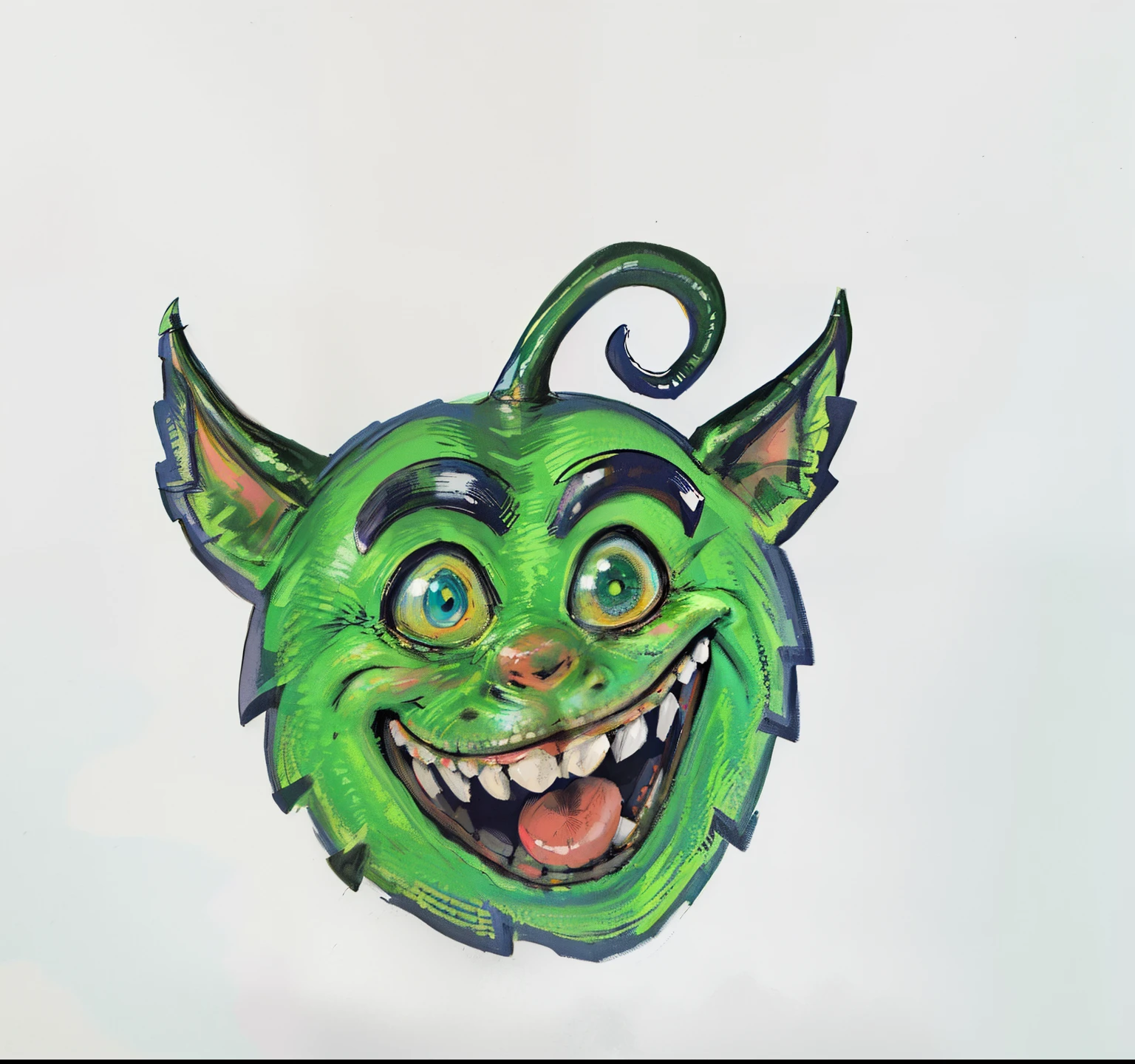 desenho de um monstro verde com chifres e um sorriso, is evil gremlin, sherek head design as a bottle, sorrindo sinistramente, Gremlin, retrato verde do duende, desenho colorido, Orc fundido com videiras, Retrato de um monstro bonito, medium portrait of a goblin, arte goblin, desenhado em papel manteiga branco, sorriso maldoso, largo sorriso maligno