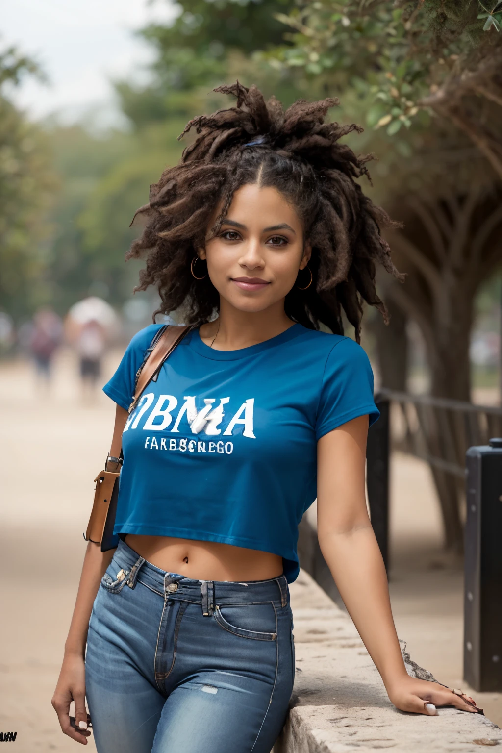 Photo of beautiful Caucasian woman, Zazie fotorrealista, Rastas, absurdos, Blusa blanca, falda, entada en banca de parque