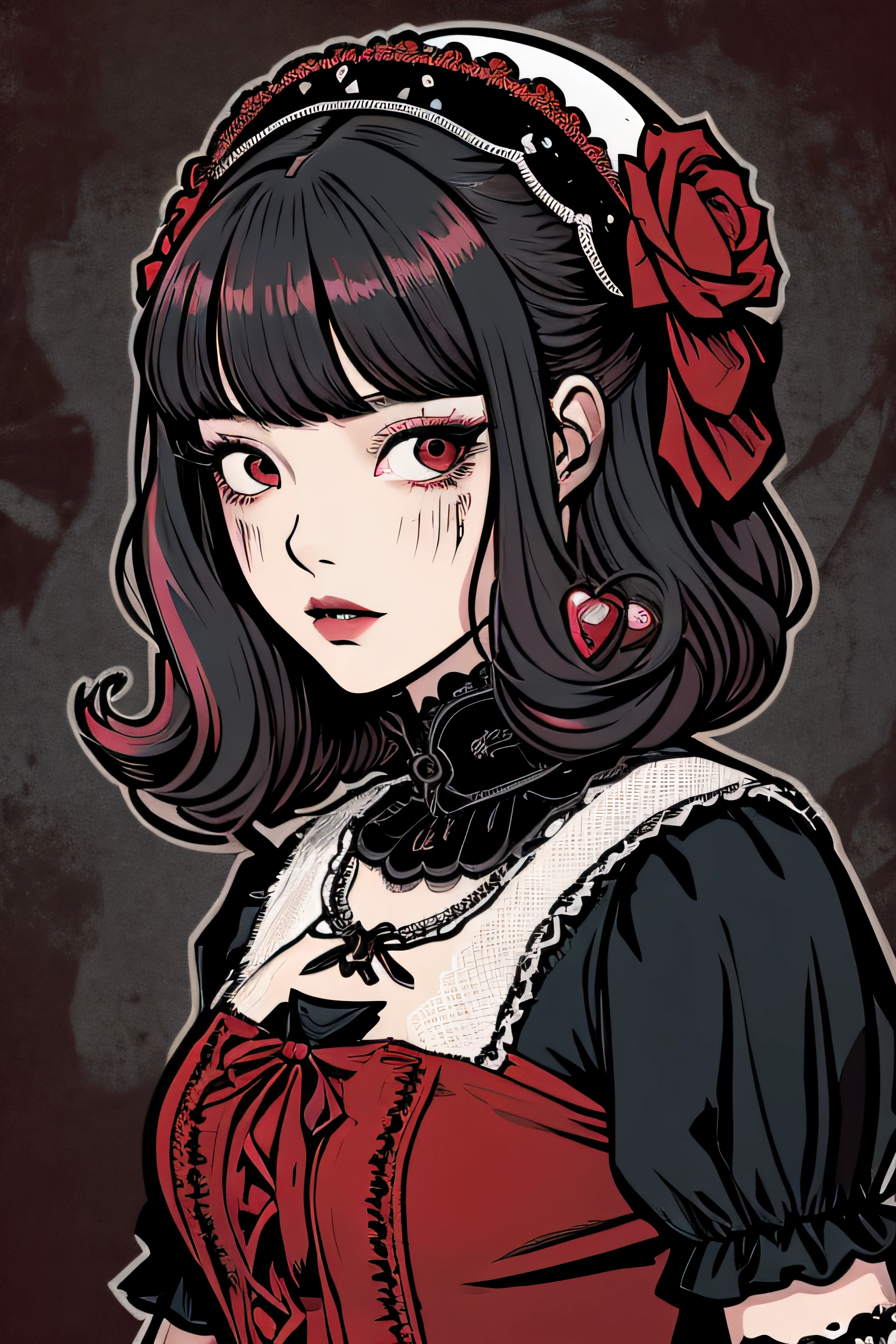 Beautiful Hardcore Illustration homepage illustration style, dark, high resolution, hard touch illustration, strong outline, two girls, gothic & lolita style, gothic & lolita fashion, 8k, American comic style, colorful background, Hiroyuki Nagasaka, aggressive, beautiful face, cool beauty, dress, beauty style, red color, battle, Hard illustration, red colored hair, Two persons, rose, backwards,
