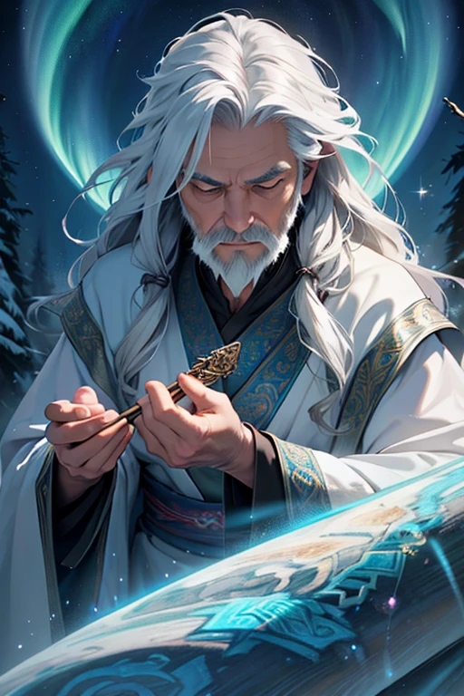 An old wizard with long silver hair and a serene expression, his eyes filled with wisdom and respect. (best quality,4k,8k,highres,masterpiece:1.2),ultra-detailed,(realistic,photorealistic,photo-realistic:1.37),portrait,gray tones,soft lighting,flowing robe,enchanted staff,magical aura,ancient scrolls,vibrant colors,ethereal atmosphere,sparkling stars,mystical background,master of spells,detailed wrinkles,white beard,wise eyes,enchanted forest,twinkling lights,calm and graceful,ageless beauty,mysterious ambiance,hint of magic,elixir of knowledge,weathered hands,profound gaze,majestic presence,aurora borealis,celestial wonders,magical incantations,silent incense,tranquil garden,wisdom of ages,enchanted world,cosmic harmony.