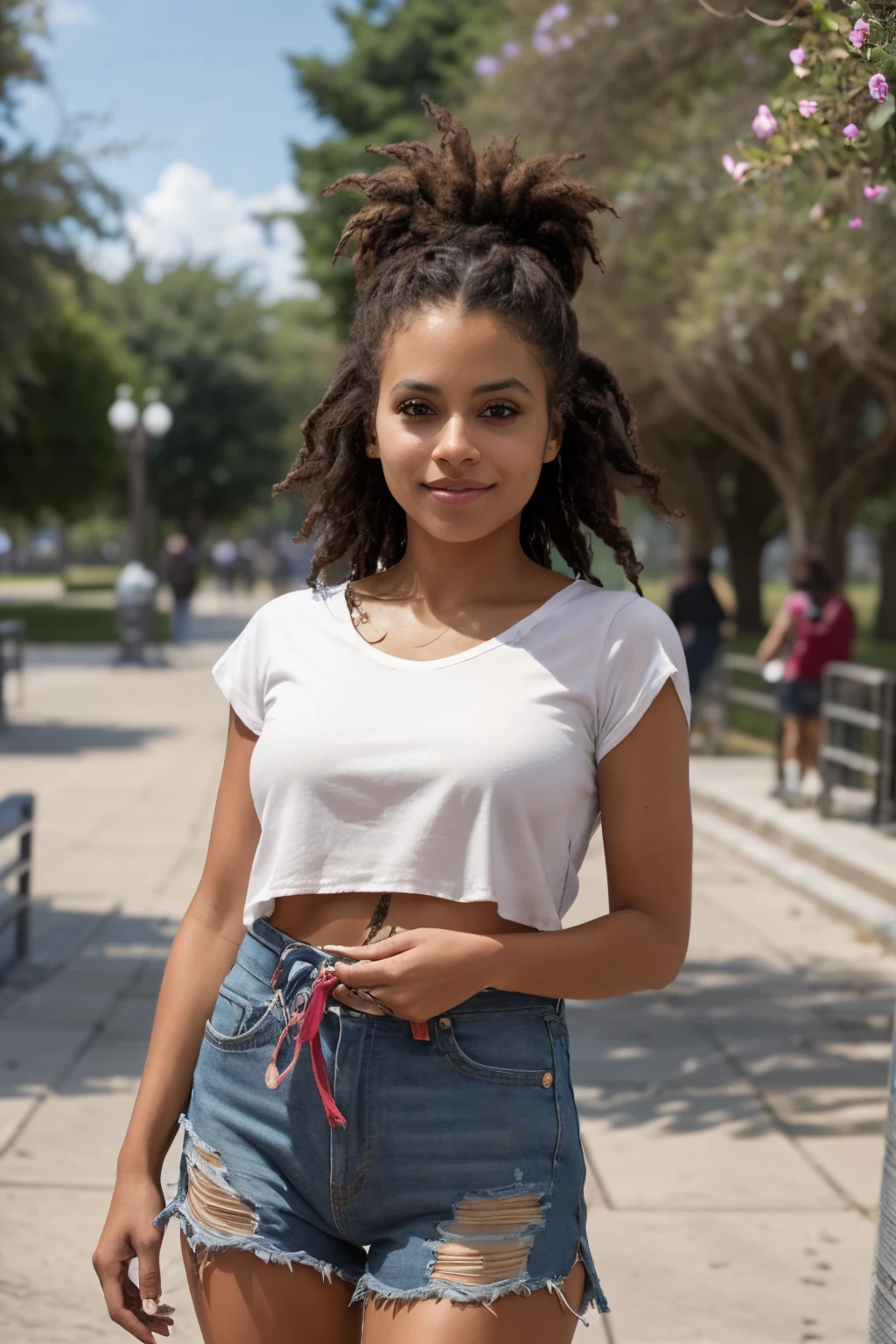 Photo of beautiful Caucasian woman, Zazie fotorrealista, Rastas, absurdos, Blusa blanca, falda, entada en banca de parque