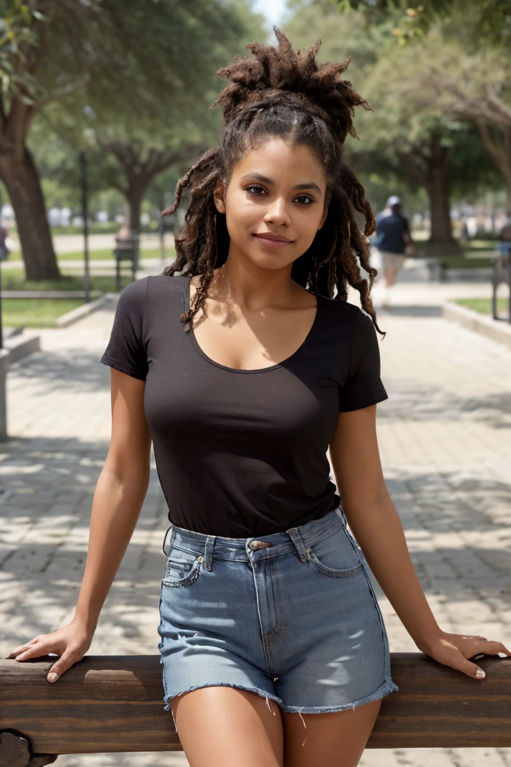 Photo of beautiful Caucasian woman, Zazie fotorrealista, Rastas, absurdos, Blusa blanca, falda, entada en banca de parque