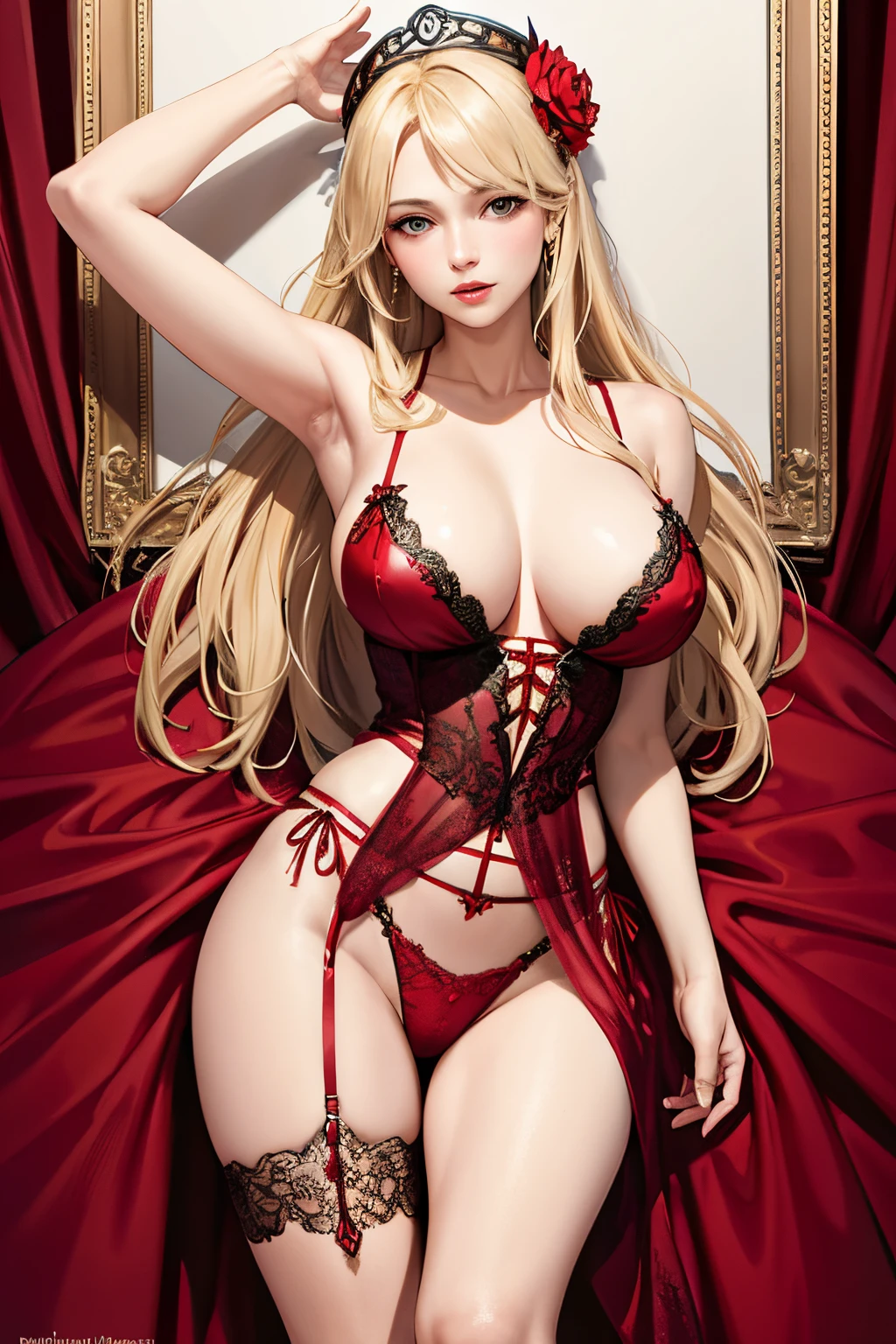 Blonde valkyrie wear red lingerie flower accent, wing ornament in head, off shoulders, sexy stance, sexy armpit, high quality, half body portrait, realistic face, realistic facial skin, realistic eyes, beautiful big breast, bust breast, black background