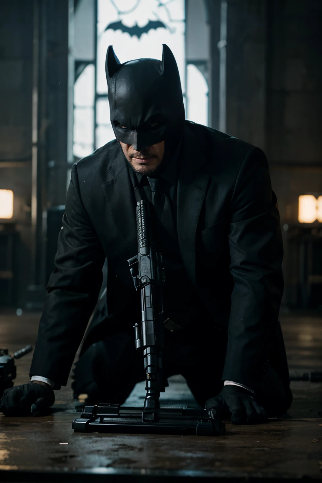 batman shooting john wick with an machine gun