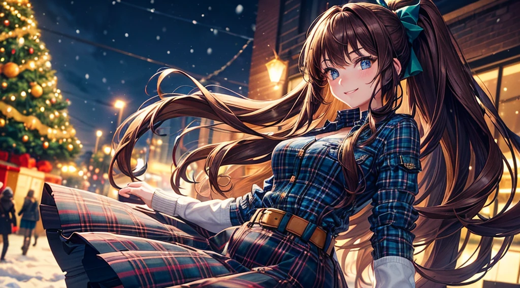 1girl, solo, full body, christmas, ((christmas tree)), street, night, lights, snow, long hair, brown hair, curly hair, ponytail, large breasts, button down, ((opened brown zipper jacket)), dark blue eyes, ((blue shirt)), ((checked shirt)), ((unbuttoned shirt)), ((long skirt)), smile, looking at the viewer, standing, hair ribbon