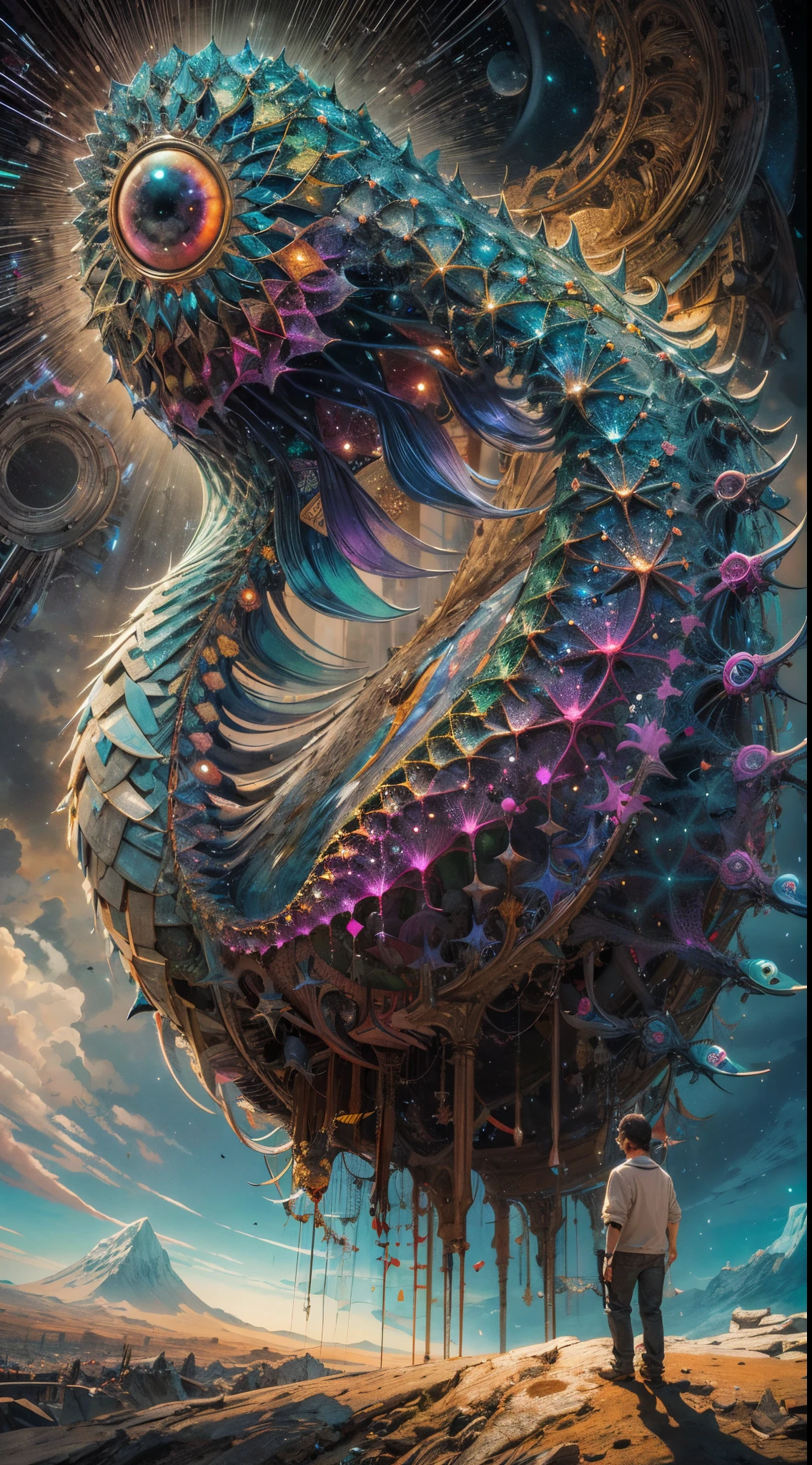 Monstruo gigante mirando hacia abjao en un paisaje de otro mundo,Gigante echo de fractales, Fractal infinito,fractal de Mandelbrot, divino, Figura imponente humanoide, masivo,escala masiba, mirando hacia abajo, de pie, inmenso, apocalyptic, colorido, iridiscente, obra maestra, 4k-resolution, detalles intrincados, dios,divino,ente superios echo de fractales,figuara imposible,geometria unica,