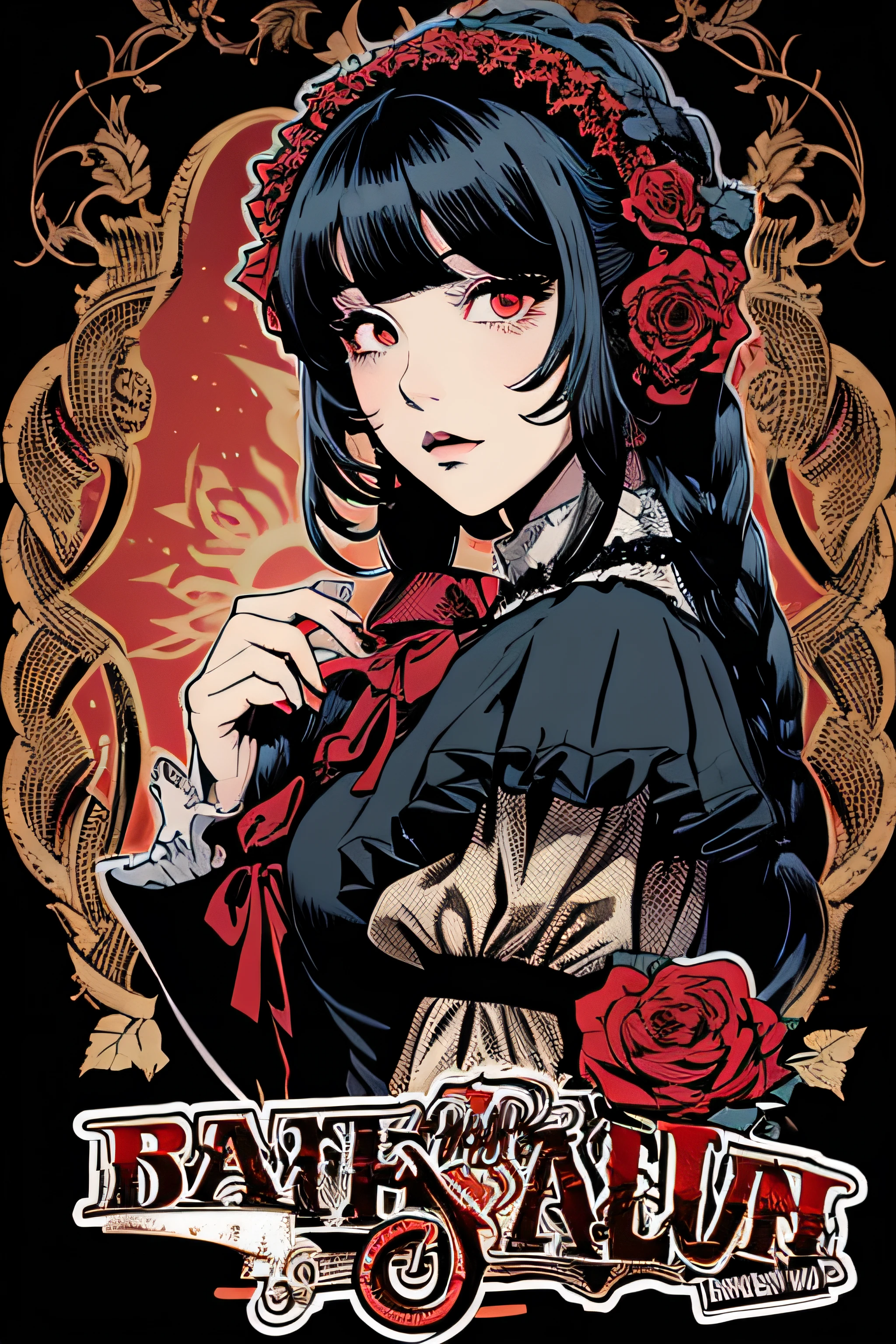 Beautiful Hardcore Illustration homepage illustration style, dark, high resolution, hard touch illustration, strong outline, two girls, gothic & lolita style, gothic & lolita fashion, 8k, American comic style, colorful background, Hiroyuki Nagasaka, aggressive, beautiful face, cool beauty, dress, beauty style, red color, battle, Hard illustration, red colored hair, Two persons, rose, backwards,