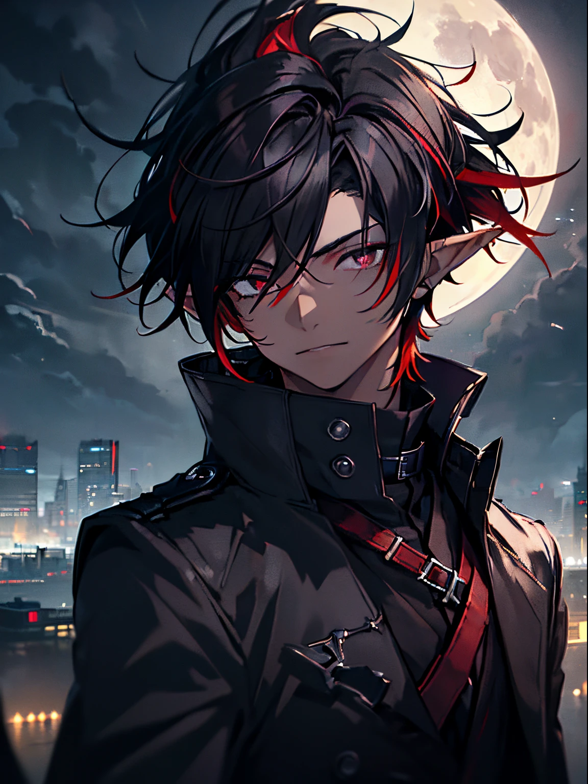 masterpiece, best quality, ((1boy)), (colorful),(finely detailed beautiful eyes and detailed face),cinematic lighting,bust shot,extremely detailed CG unity 8k wallpaper, sky, cloudy_sky, building, moonlight, moon, night, (dark theme:1.3), light, fantasy, ((Black Eyes)) ((Elf Ears)) (((Black Overcoat with red Accents))) (((Black Hair with red higlight))) ((Short Hair)) ((edgelord))