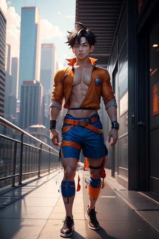 orange shorts, with a blue belt