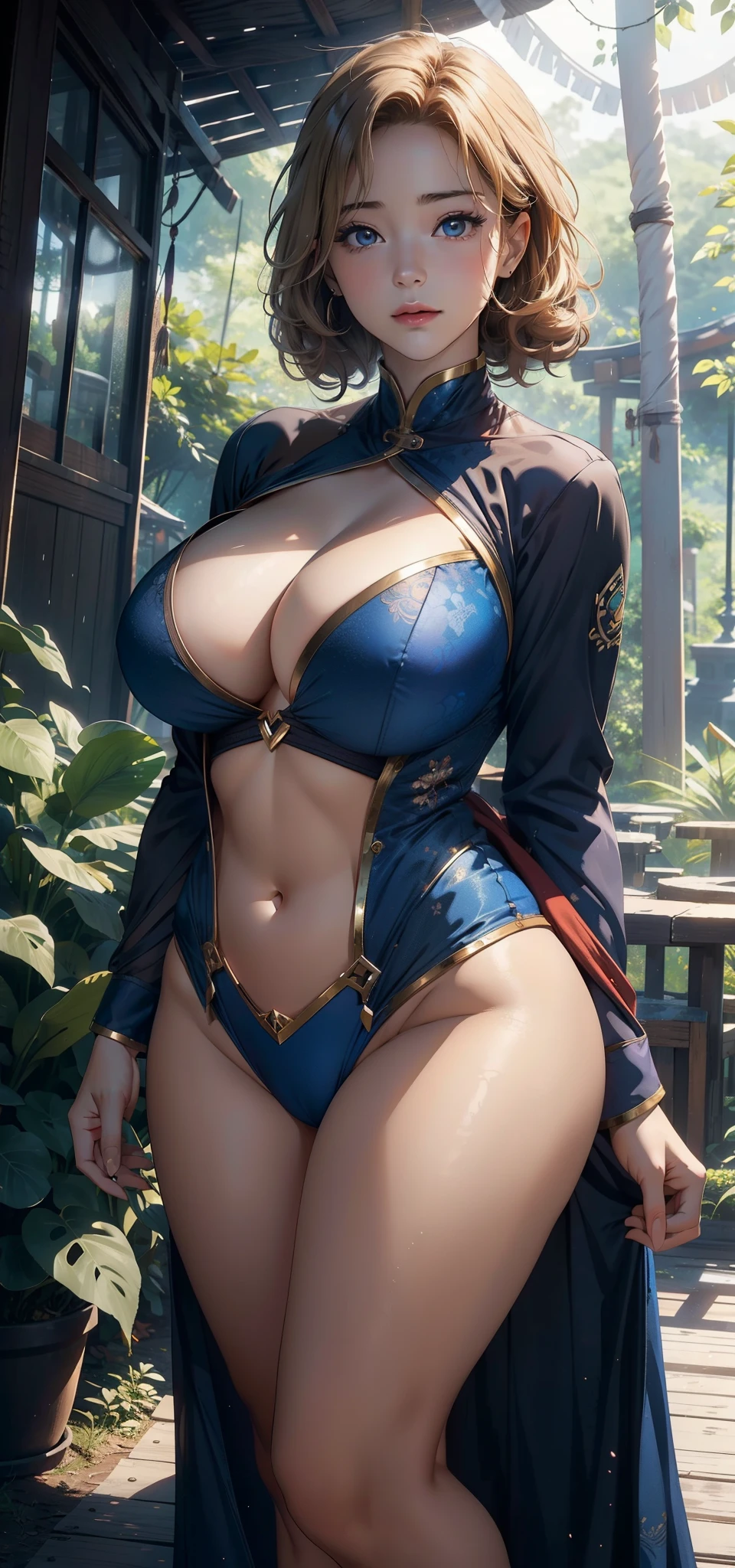 1female，25 age old，Large breasts，long leges，big chest and thin waist，a little bit chubby， photo exposure， 独奏，（Background with：at a forest，the rainforest，in summer） She has short blonde hair，Stood up，seen from the front， curlies， The sky is mostly cloudy，（（（tmasterpiece），（Very detailed CG unified 8k wallpaper），Best quality at best，电影灯光，detailed back ground，beautidful eyes，Bright pupils，（very delicate beautiful），（Beautiful and detailed eye descriptions），ultra - detailed，tmasterpiece，）），facing at the camera，A high resolution，ultra - detailed），revealing breasts，Bare genitals， extremely large bosom，The lower body is convex，Camel toes，Supergirl（dressed in：Superman uniform，比基尼）nakeness，