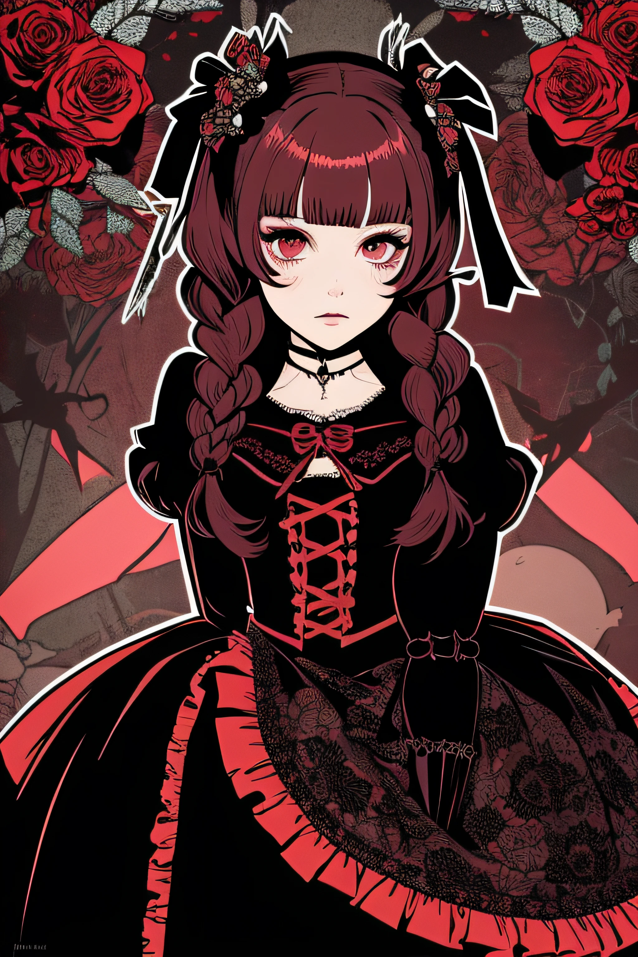 Beautiful Hardcore Illustration homepage illustration style, dark, high resolution, hard touch illustration, strong outline, two girls, gothic & lolita style, gothic & lolita fashion, 8k, American comic style, colorful background, Hiroyuki Nagasaka, aggressive, beautiful face, cool beauty, dress, beauty style, red color, battle, Hard illustration, red colored hair, Two persons, rose, backwards,
