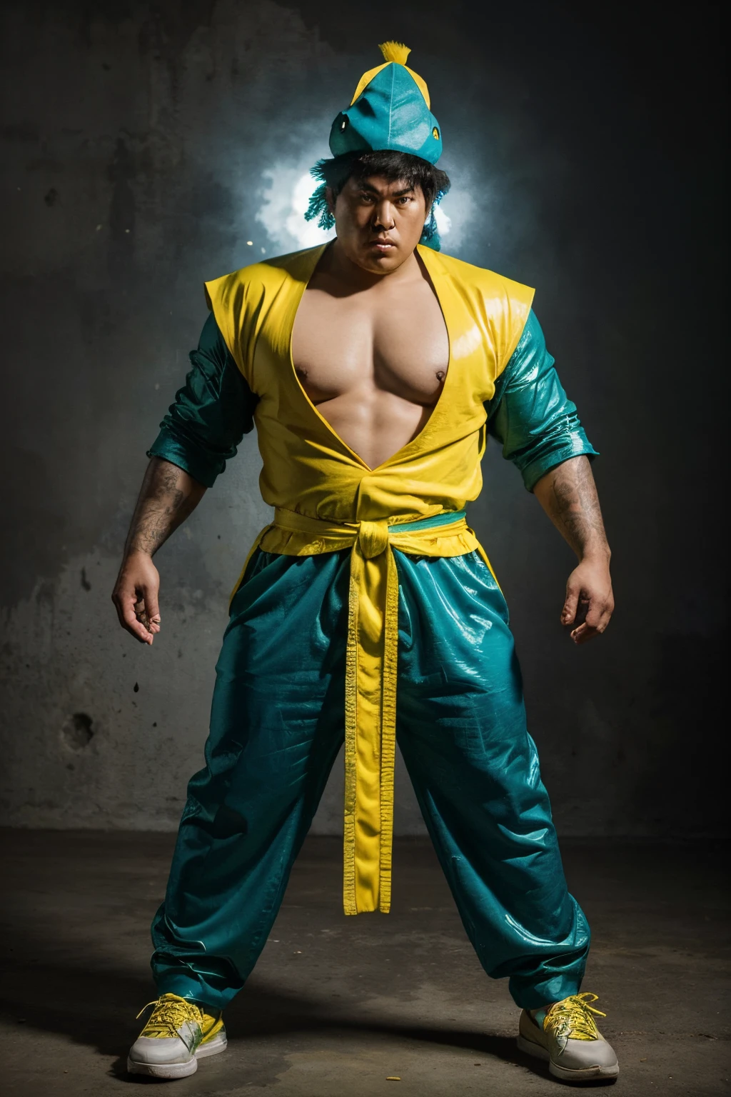 sci fi photo of a man with asian ethnicity, big in body size, wear complete green costume, blue shoes, angry face, hand holding a large sword, with yellow hat on the head only,
