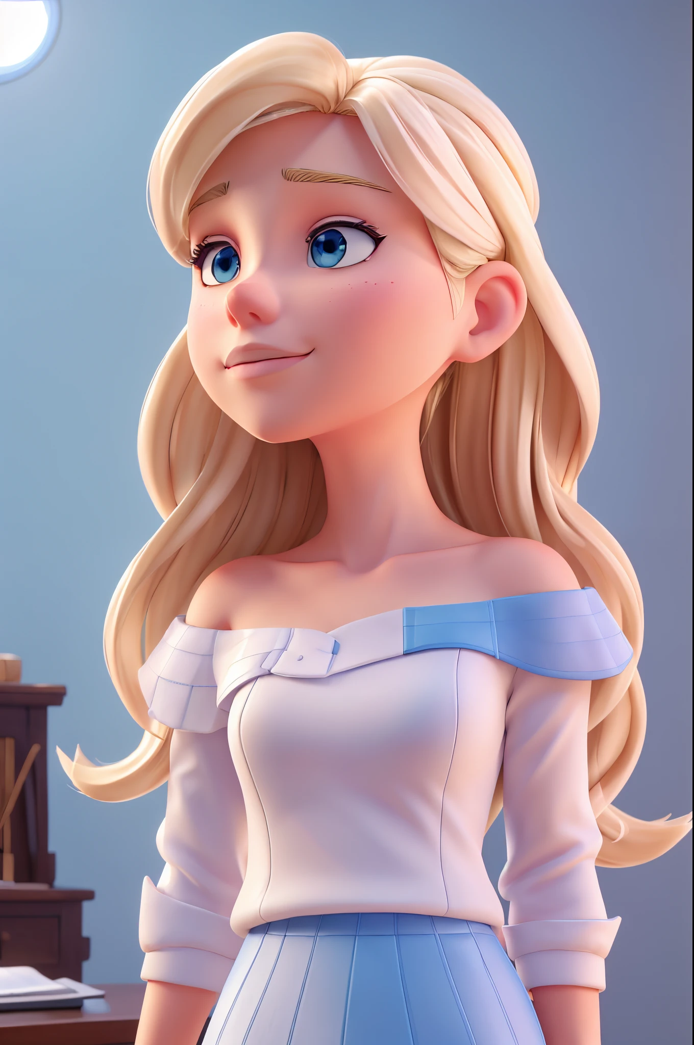 white woman, fashion, blonde hair, blue eyes, in fashionable clothes, beautiful 3d rendering, looking up, clean landscape, beautiful detailed digital art, stylized 3d rendering, 3d rendered character art 8k, super detailed rendering