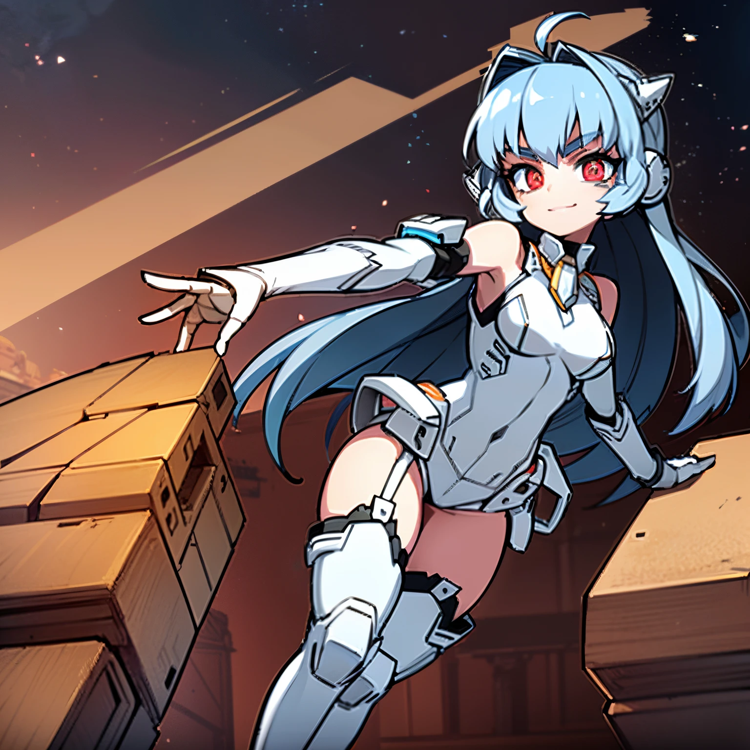 Young girl, blue hair, long hair, red eyes, white uniform, white space uniform, robot girl, Mecha girl, robot rockets in back, smiling, in one futuristic city,, 4k, masterpiece, anime, Anime 2D