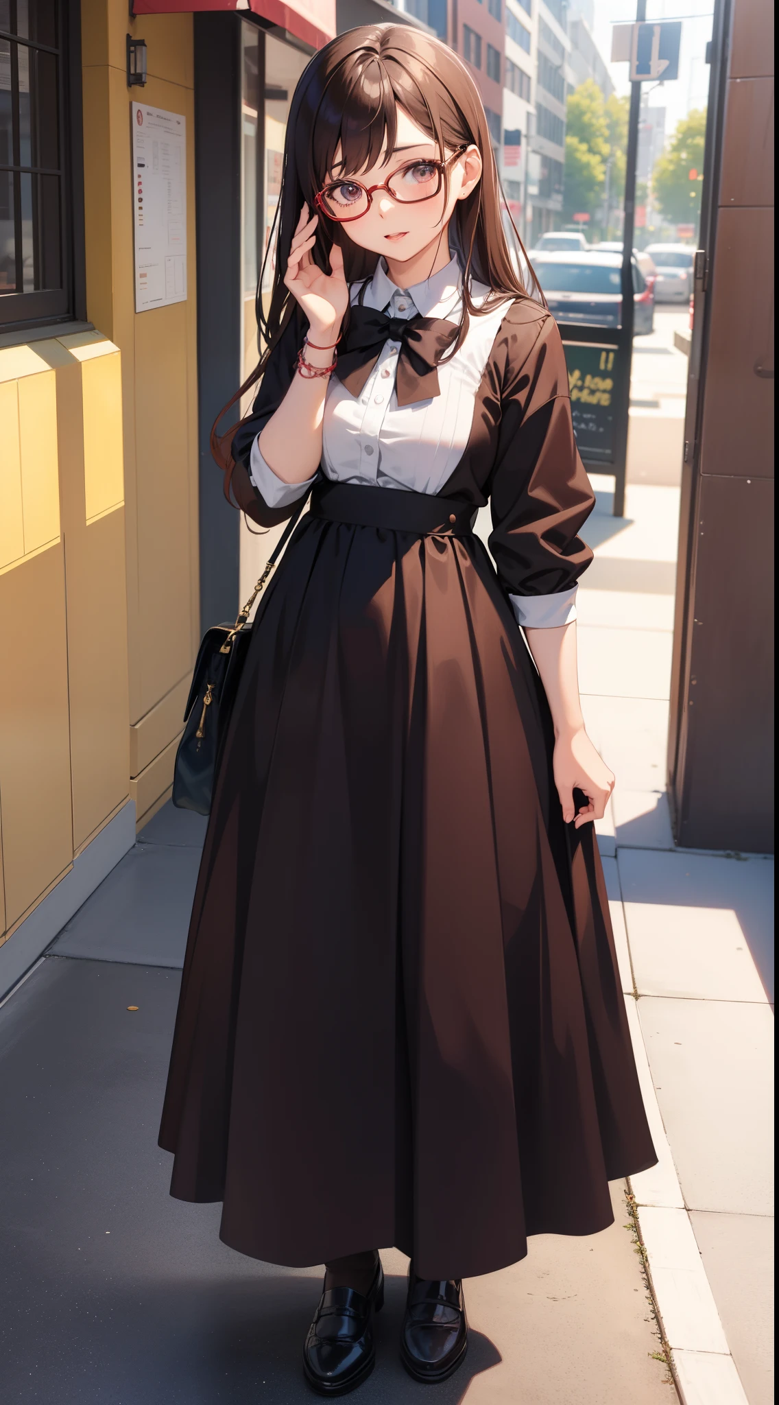 Anime - A woman wearing a brown dress and glasses takes a photo, small curvy loli, a hyperrealistic schoolgirl, a hyperrealistic schoolgirl, loli in dress, Cute anime waifu in a nice dress, Smooth Anime CG Art, anime highly detailed, Seductive Anime Girl, with glasses, photorealistic anime girl render, Detailed Digital Anime Art