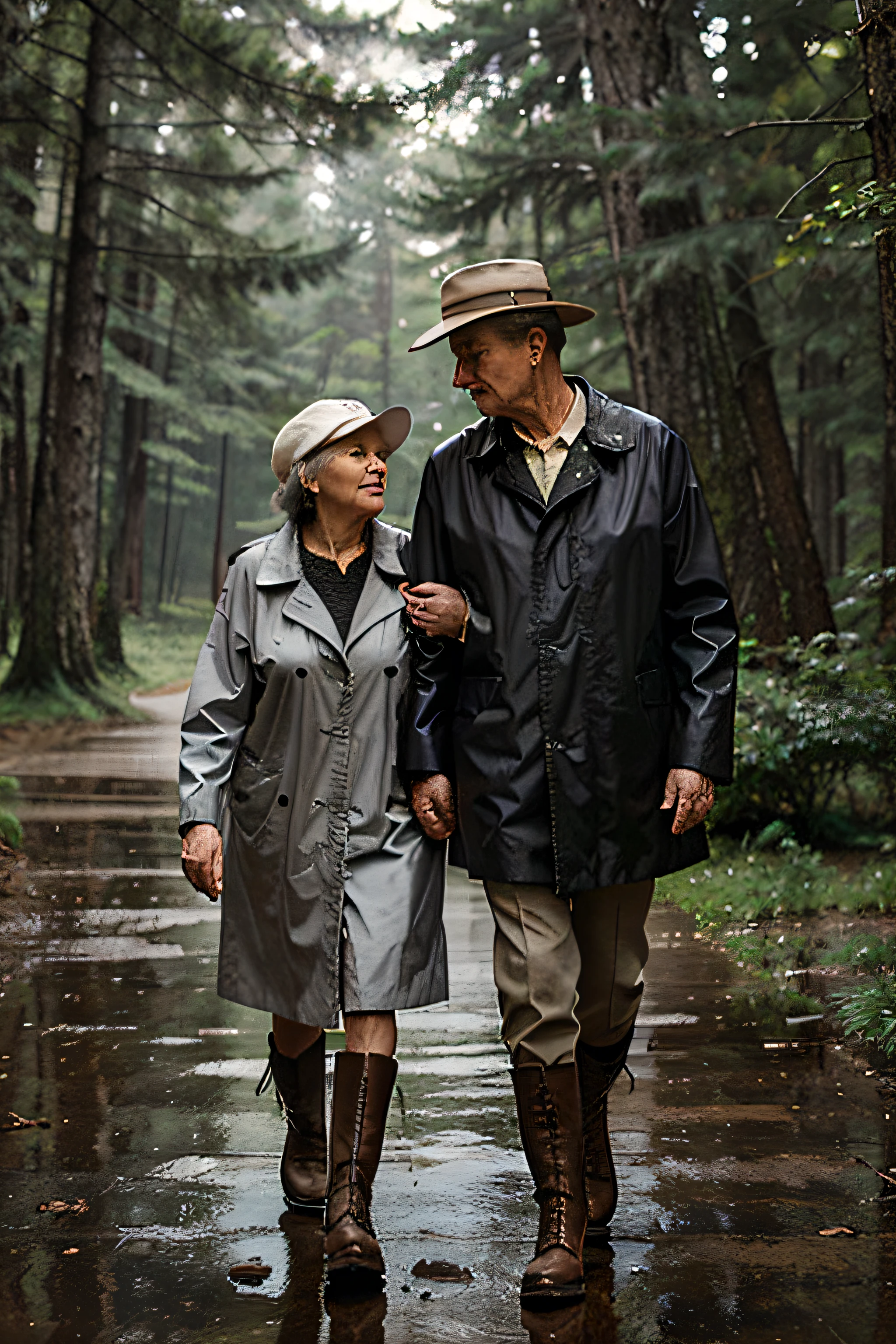 Grandfather and grandmother walk through the forest in an embrace. Grandpa is wearing boots,plshch and a small panama hat. Granny with gray hair, without hat,in a raincoat and boots