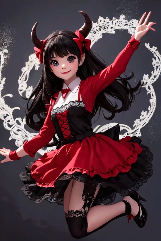 a (horned demon girl) smiling, wearing a lace cloth dress, black hair, red smokey eyes makeup, (hair bow), stockings, pumps, dramatic magic floating pose, (full body)