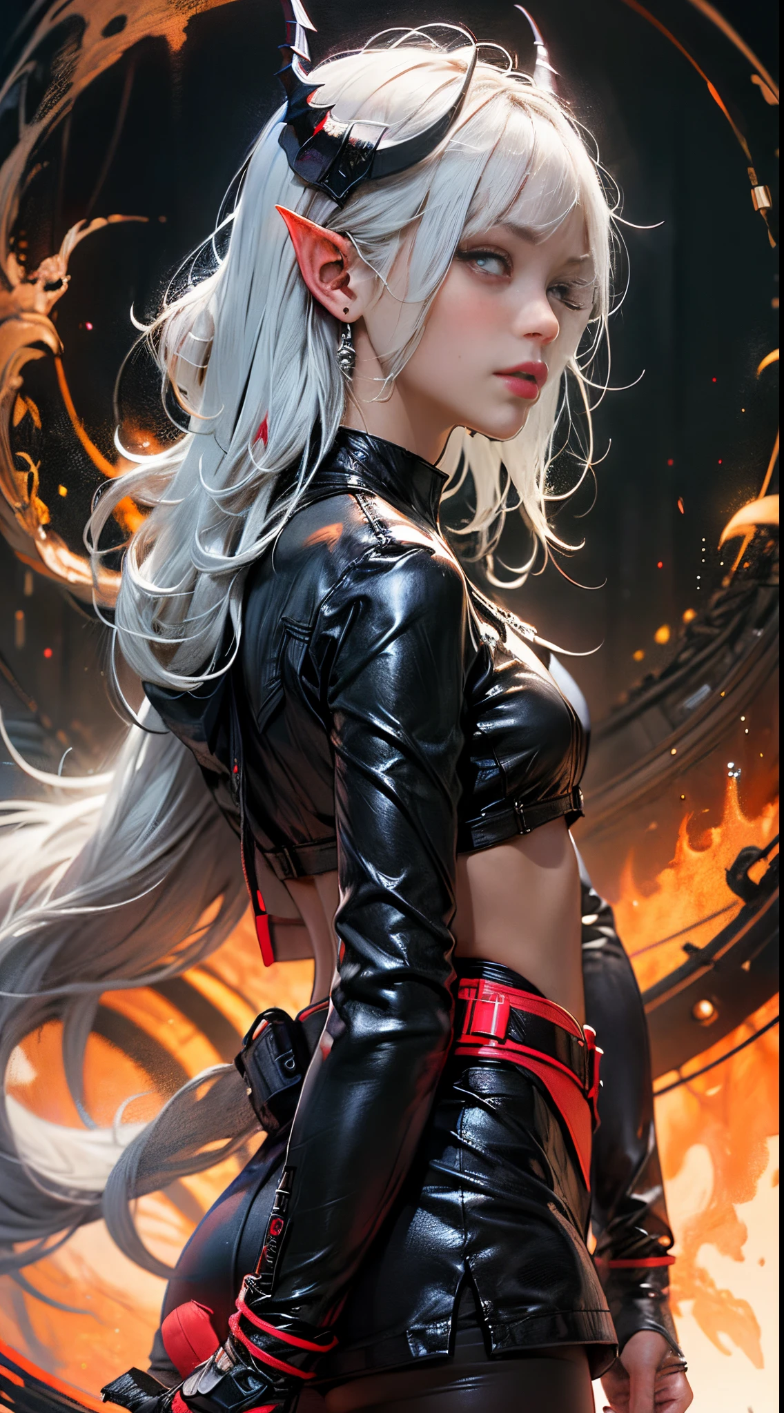 masterpiece, best quality, ultra-detailed, absurdres, colorful, 1girl, solo, (solid red eyes:1.0), (white hair, long hair, straight hair, hair over one eye:1.0), detailed eyes, wide-eyed, eyelashes, (upper body:0.8), monster girl, side view, glowing eyes, tilted head, night, black suit, pointy ears, horror, dark, black background, looking at viewer, crown, high contrast, backlighting, (standing:0.8), aura, fractal background, chaotic, spiral, demon horns, energy, mosaic, inferno