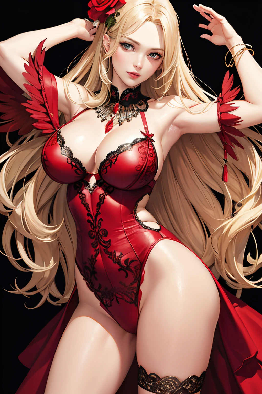 Blonde valkyrie wear red lingerie flower accent, wing ornament in head, off shoulders, sexy stance, sexy armpit, high quality, half body portrait, realistic face, realistic facial skin, realistic eyes, beautiful big breast, bust breast, black background