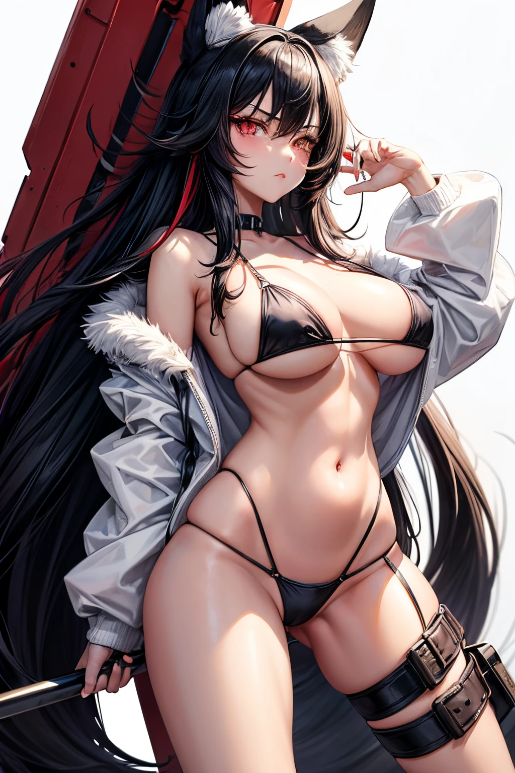 1 girl, tall girl, black hair, fox ears, fox tail, very thick long hair, face guard black, red eyes, medium breast, pinkish nipples, virgin, sexy, white highlights, sexy pose, open legs, long belly, blushing, black bikini, with digital side-bag, seductive stare, walking, wolf ears, white backgrounds, fierce stare.