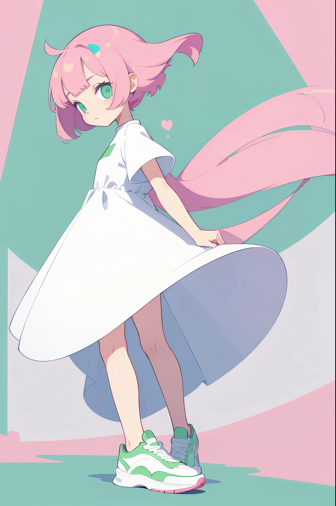 Flat design, flat color, material design, Adobe Illustrator, solid color, no shadows, deformed design, line symmetry, coexistence of light green and shocking pink, girl with super long bangs, white dress, sneakers.