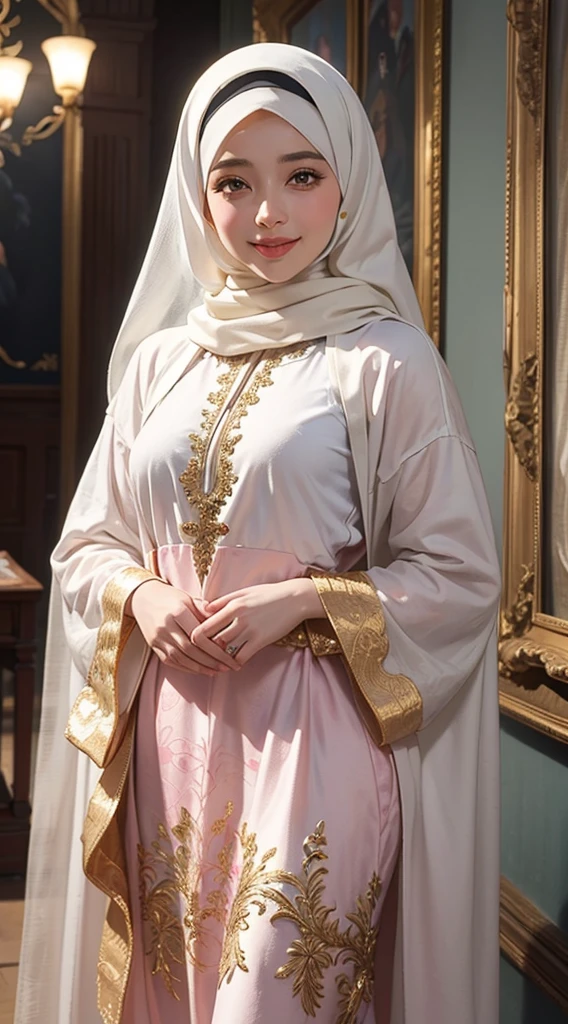 annia a veiled girl wearing a white hijab, a hidden hijab, a religious girl, a respectable girl wearing a white abaya with golden decorations and engravings, hazel eyes, white skin, pink lips, a refreshing smile, a lively girl, a movie scene, high resolution, high qualit , You walk through a museum and look at paintings .