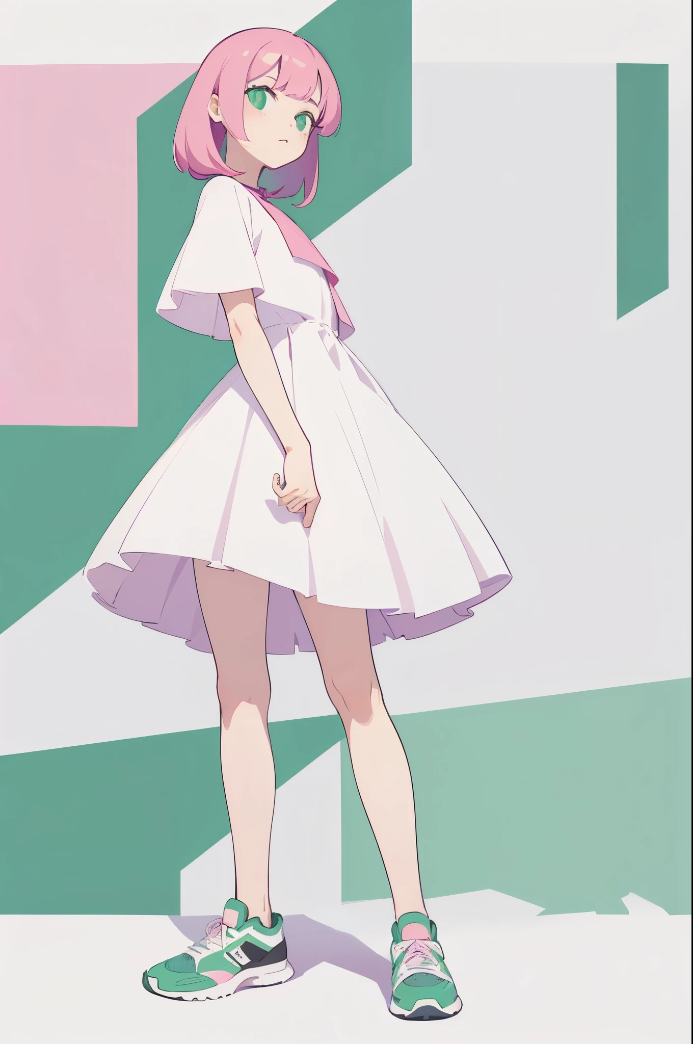 Flat design, flat color, material design, Adobe Illustrator, solid color, no shadows, deformed design, line symmetry, coexistence of light green and shocking pink, girl with super long bangs, white dress, sneakers.