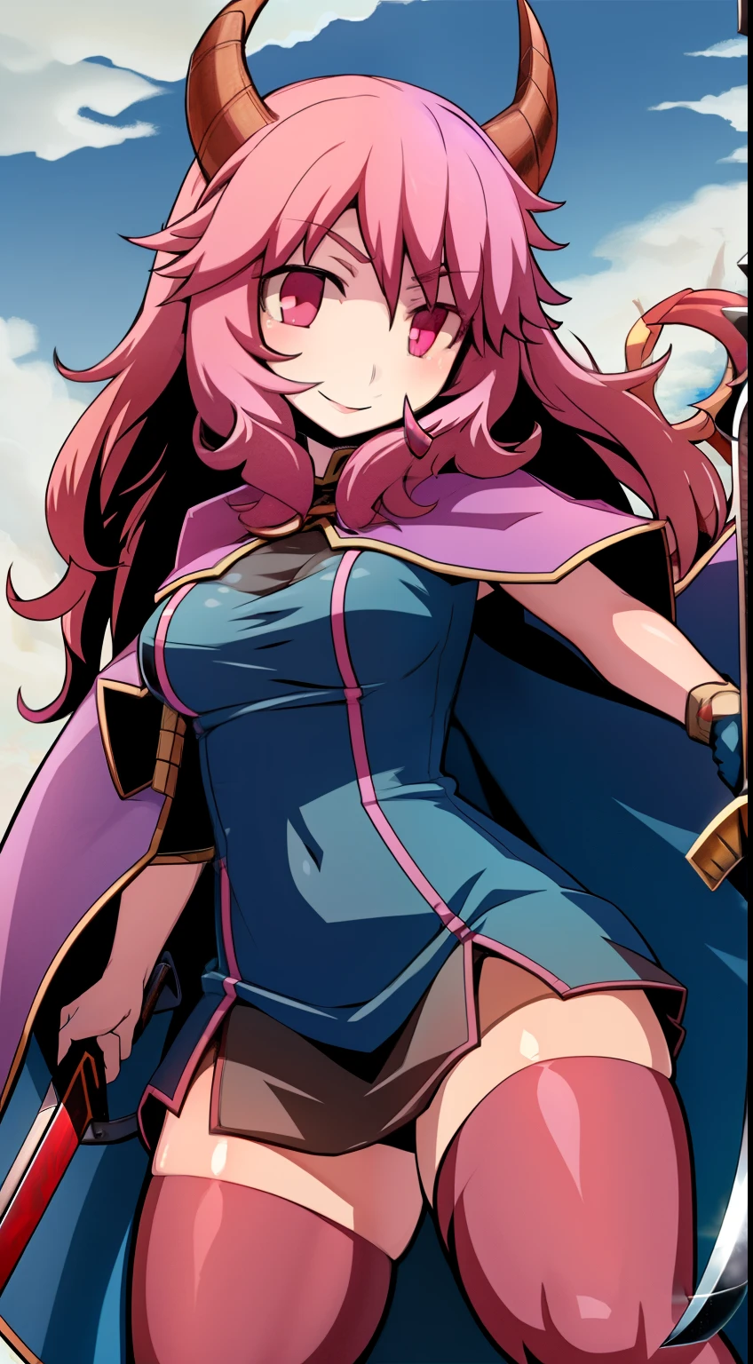 there is a lady anime girl with horns and a pink sword standing, 1girl, sword, weapon, solo, pink hair, thighhighs, long hair, holding, horns, holding sword, holding weapon, cape, sky, looking at viewer, smile, breasts, blue sky