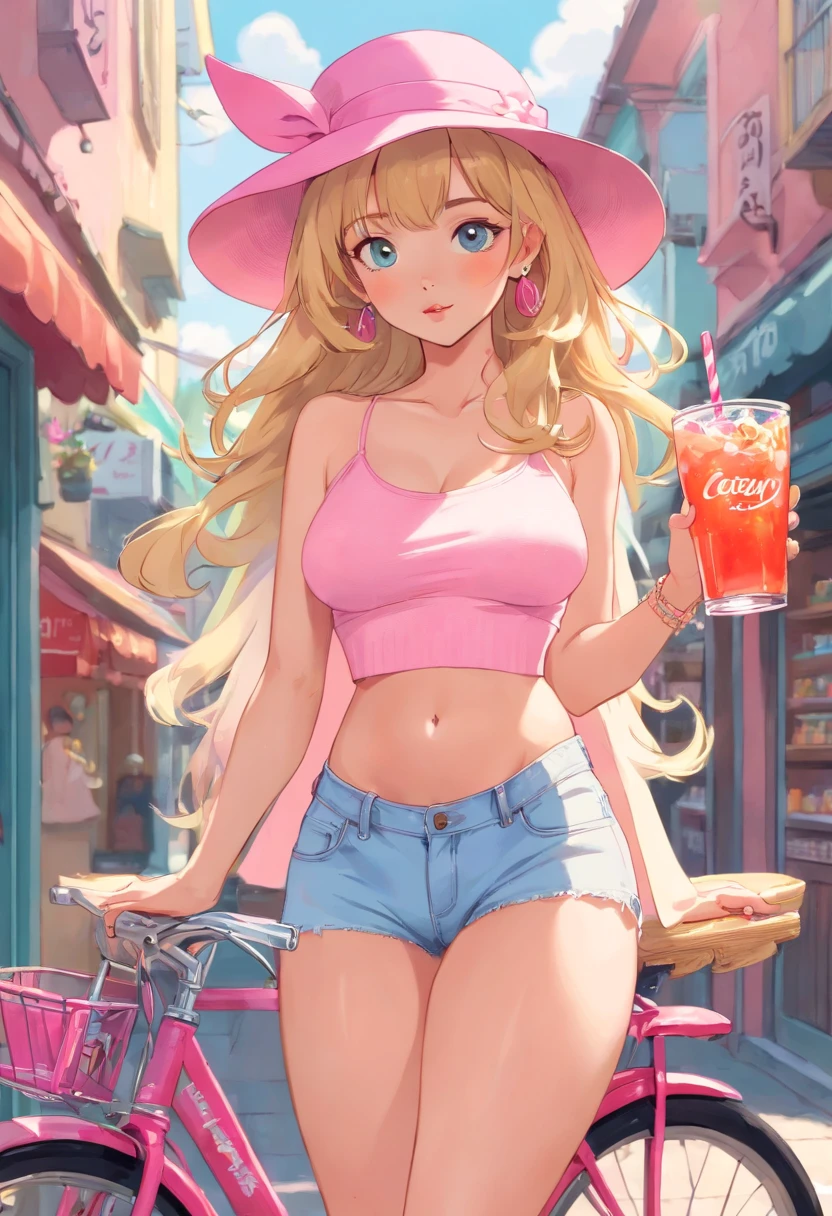 blonde naked woman in a pink hat holding a drink on a bicycle, summer day, (((naked))), (((NSFW))), (((sex))), (((no underwear))), (((show pussy))), (((bare pussy))), (((big breast))), beautiful feminine body, slim body, candy girl, white tank top with a print, bubblegum body, 90s style, 9 0 s vibe, 🎀 🧟 🍓 🧚, in style of petra collins, 90s aesthetic, 9 0 s aesthetic, soda themed girl, wearing a cute top, y 2 k aesthetic