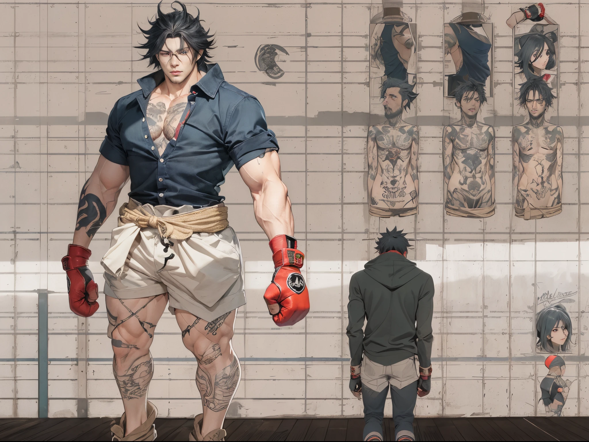 Un primer plano de un hombre rudo con tatuajes en el pecho y brazosas,en un gimnasio de boxeo,Chico guapo en el arte de Demon Slayer, Personaje masculino de anime, Arte detallado del personaje de anime, inspired by Itō Ogura Yonesuke, muscular character, Personaje de anime, Estilo anime masculino, Personaje de estilo anime, inspired by Munakata Shikō, Cuerpo completo del personaje, Arte digital de Danganronpa,alta calidad,muy detallado,pelo corto,ojos oscuros,mirada desafiante,cadenas,sin camisa,reloj,pulceras,tatuajes detallados por todo el cuerpo,