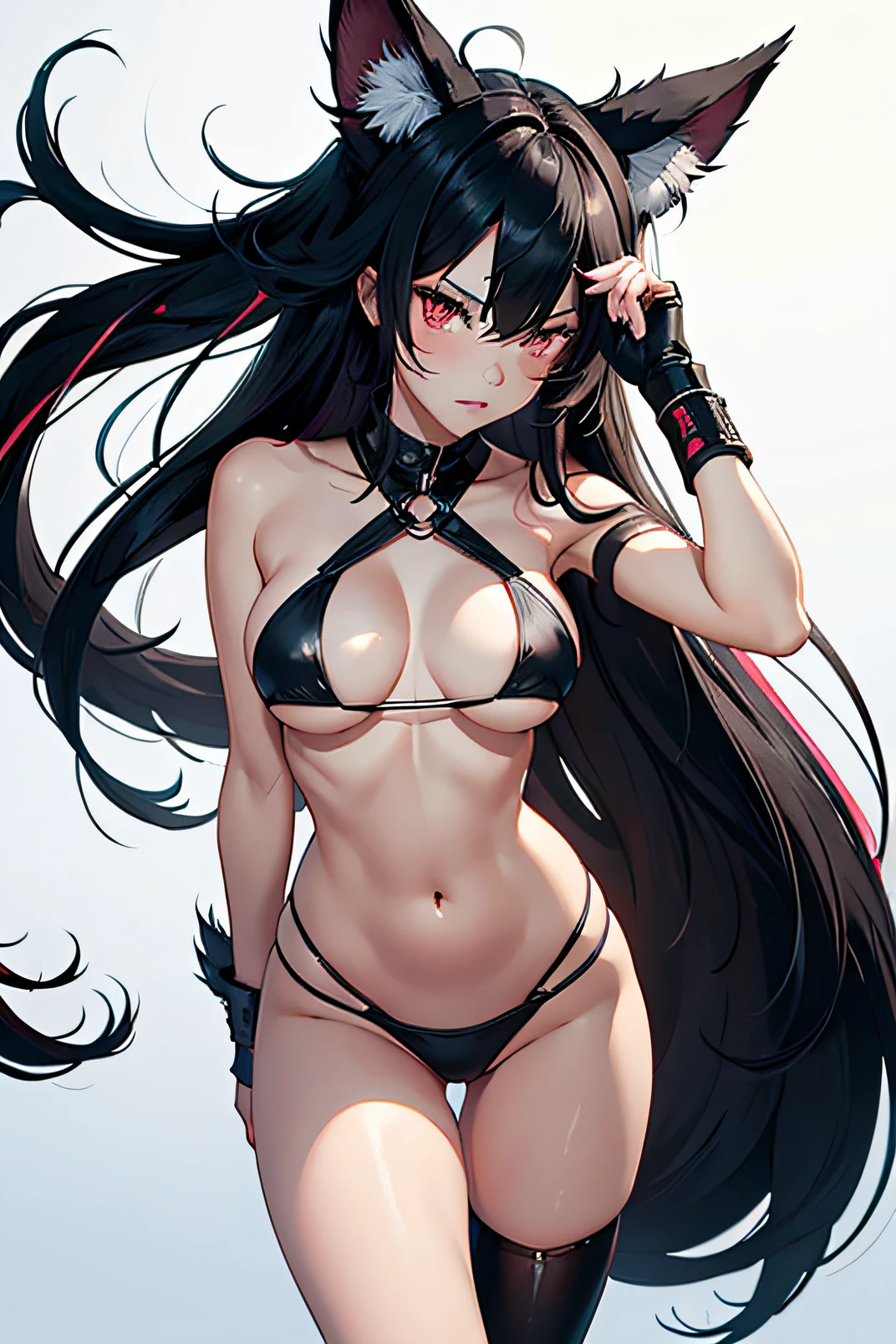 1 girl, tall girl, black hair, fox ears, fox tail, very thick long hair, face guard black, red eyes, medium breast, pinkish nipples, virgin, sexy, white highlights, sexy pose, open legs, long belly, blushing, black bikini, with digital side-bag, seductive stare, walking, wolf ears, white backgrounds, fierce stare.