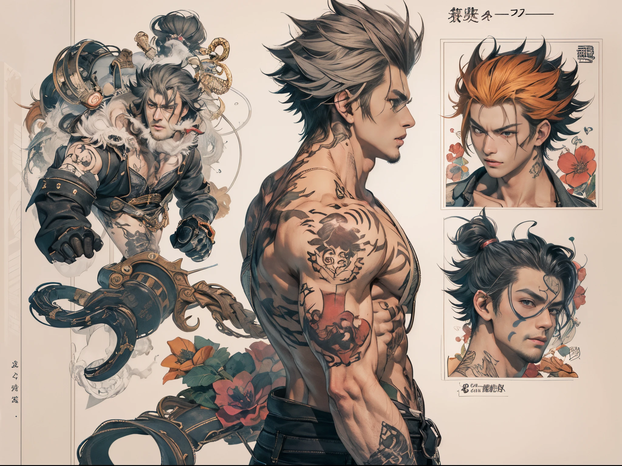 Un primer plano de un hombre rudo con tatuajes en el pecho y brazosas,en un gimnasio de boxeo,Chico guapo en el arte de Demon Slayer, Personaje masculino de anime, Arte detallado del personaje de anime, inspired by Itō Ogura Yonesuke, muscular character, Personaje de anime, Estilo anime masculino, Personaje de estilo anime, inspired by Munakata Shikō, Cuerpo completo del personaje, Arte digital de Danganronpa,alta calidad,muy detallado,pelo corto,ojos oscuros,mirada desafiante,cadenas,sin camisa,reloj,pulceras,tatuajes detallados por todo el cuerpo,