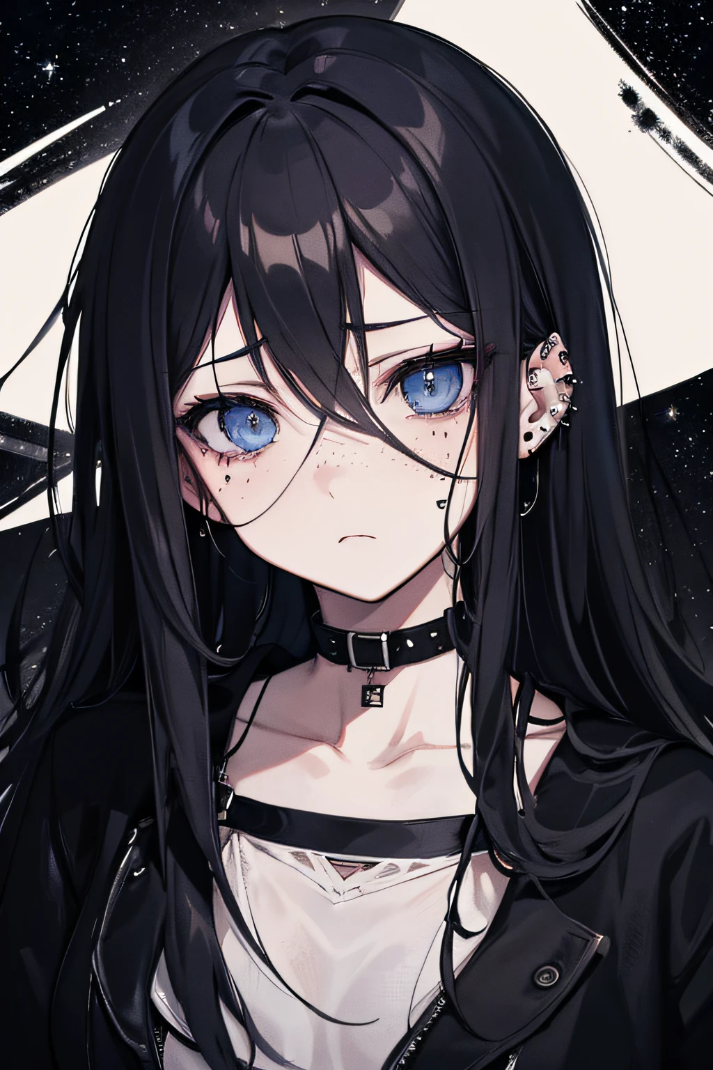 ((best quality)), ((masterpiece)), (detailed), perfect face “Generate an image of a goth girl with pale skin and Asian descent. She has long, jet-black hair with bangs framing her face, and piercing blue eyes. She exudes confidence and defiance, wearing dark makeup and adorned in black clothing with studs, spikes, and chains. The background should reflect a grungy, urban setting, enhancing the edgy aesthetic of the character.”