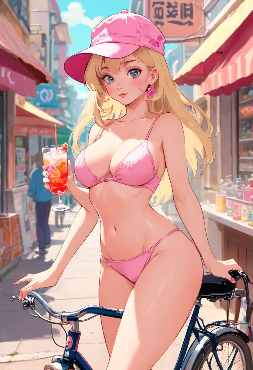 blonde naked woman in a pink hat holding a drink on a bicycle, (((naked))), (((NSFW))), (((sex))), (((no underwear))), (((show pussy))), (((bare pussy))), (((big breast))), beautiful feminine body, slim body, candy girl, white tank top with a print, bubblegum body, 90s style, 9 0 s vibe, 🎀 🧟 🍓 🧚, in style of petra collins, 90s aesthetic, 9 0 s aesthetic, soda themed girl, wearing a cute top, y 2 k aesthetic