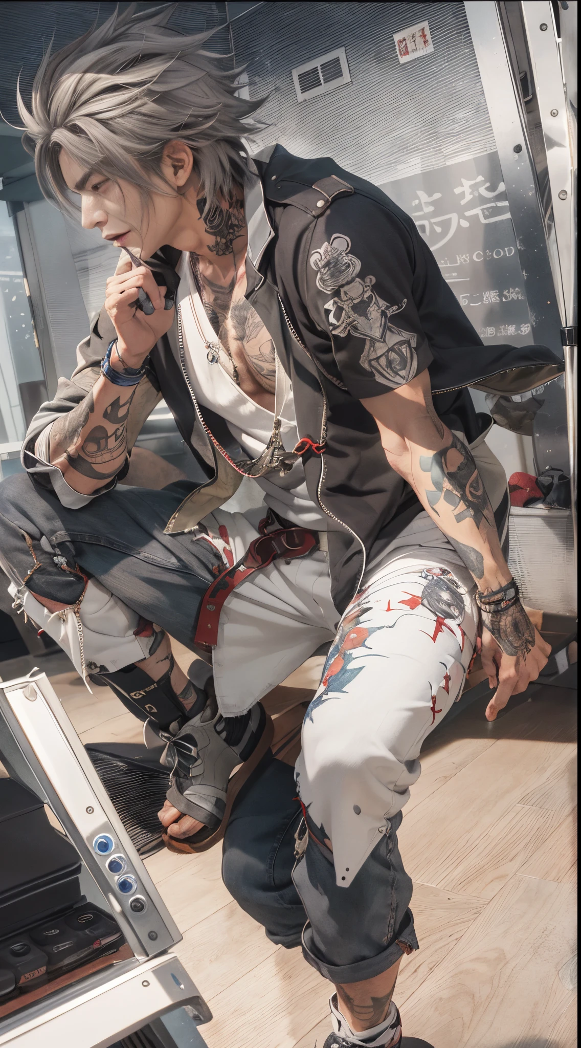 Un primer plano de un hombre rudo con tatuajes en el pecho y brazosas,en un gimnasio de boxeo,Chico guapo en el arte de Demon Slayer, Personaje masculino de anime, Arte detallado del personaje de anime, inspired by Itō Ogura Yonesuke, muscular character, Personaje de anime, Estilo anime masculino, Personaje de estilo anime, inspired by Munakata Shikō, Cuerpo completo del personaje, Arte digital de Danganronpa,alta calidad,muy detallado,pelo corto,ojos oscuros,mirada desafiante,cadenas,sin camisa,reloj,pulceras,tatuajes detallados por todo el cuerpo,
