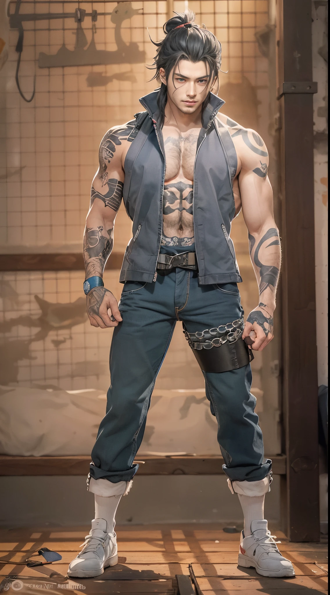 Un primer plano de un hombre rudo con tatuajes en el pecho y brazosas,en un gimnasio de boxeo,Chico guapo en el arte de Demon Slayer, Personaje masculino de anime, Arte detallado del personaje de anime, inspired by Itō Ogura Yonesuke, muscular character, Personaje de anime, Estilo anime masculino, Personaje de estilo anime, inspired by Munakata Shikō, Cuerpo completo del personaje, Arte digital de Danganronpa,alta calidad,muy detallado,pelo corto,ojos oscuros,mirada desafiante,cadenas,sin camisa,reloj,pulceras,tatuajes detallados por todo el cuerpo,