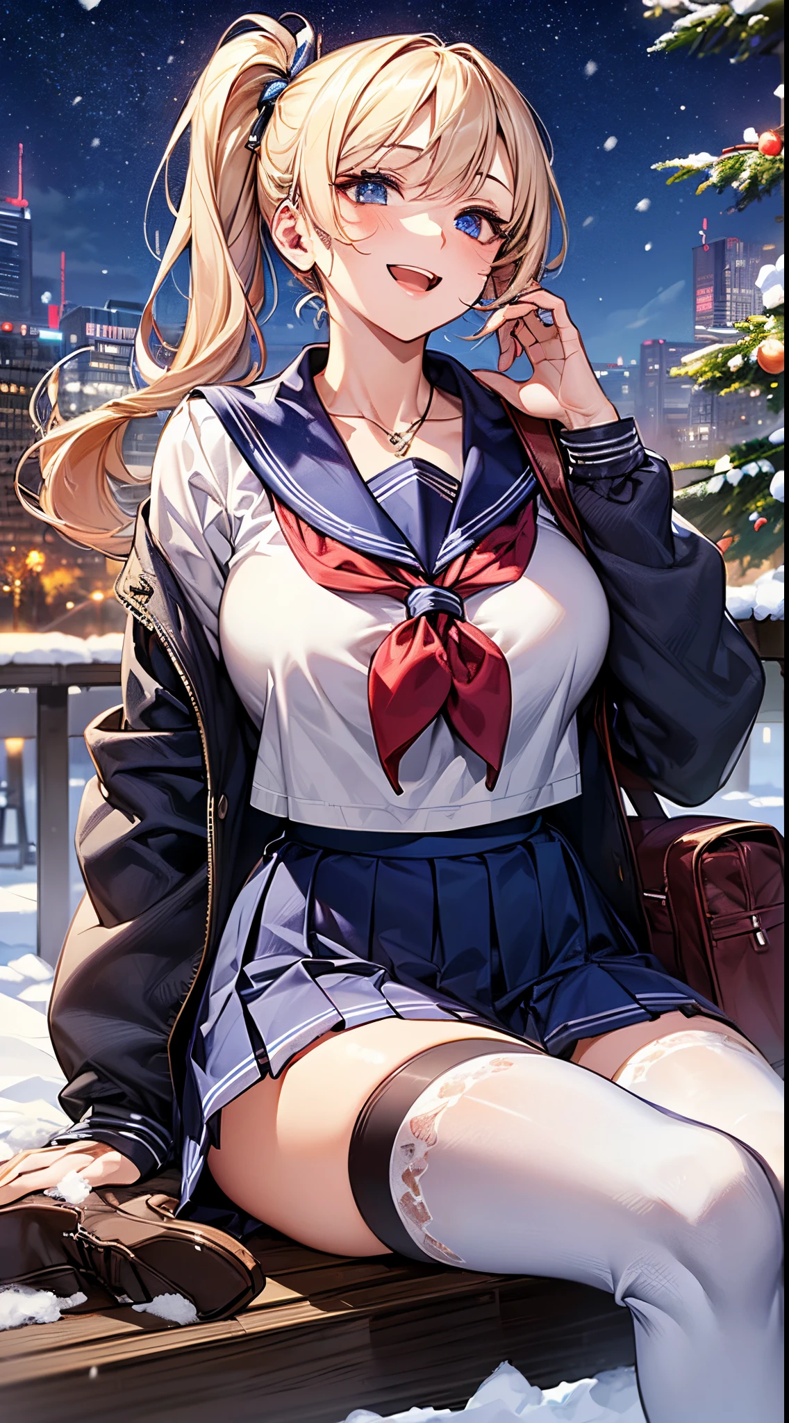 ((((perfect anatomy, super detailed skin)))), 1 girl, japanese, high school girl, shiny skin, large breasts:0.5, looking away, looking up, watching the view, from below,
beautiful hair, beautiful face, beautiful detailed eyes, (long hair:1.7, side ponytail:1.5), blond hair, blue eyes,
beautiful clavicle, beautiful body, beautiful chest, beautiful thigh, beautiful legs, face, mole under eye,
((((long sleeves)), all navy sailor suit, navy pleated skirt, navy sailor collar, red sailor scarf, thigh-highs, short boots), school bag, cross necklace), seductive thighs, ,
((smile:1.5, open your mouth wide)), , female masturbation, lifting skirt myself,
(beautiful scenery),winter, midnight, hokkaido, sapporo, odori park, park bench, sitting, christmas, (christmas tree), illumination, tv tower, snow, snowfall:1.5, freezing weather, frost,
(8k, top-quality, masterpiece:1.2, extremely detailed), (photorealistic), beautiful illustration, cinematic lighting,