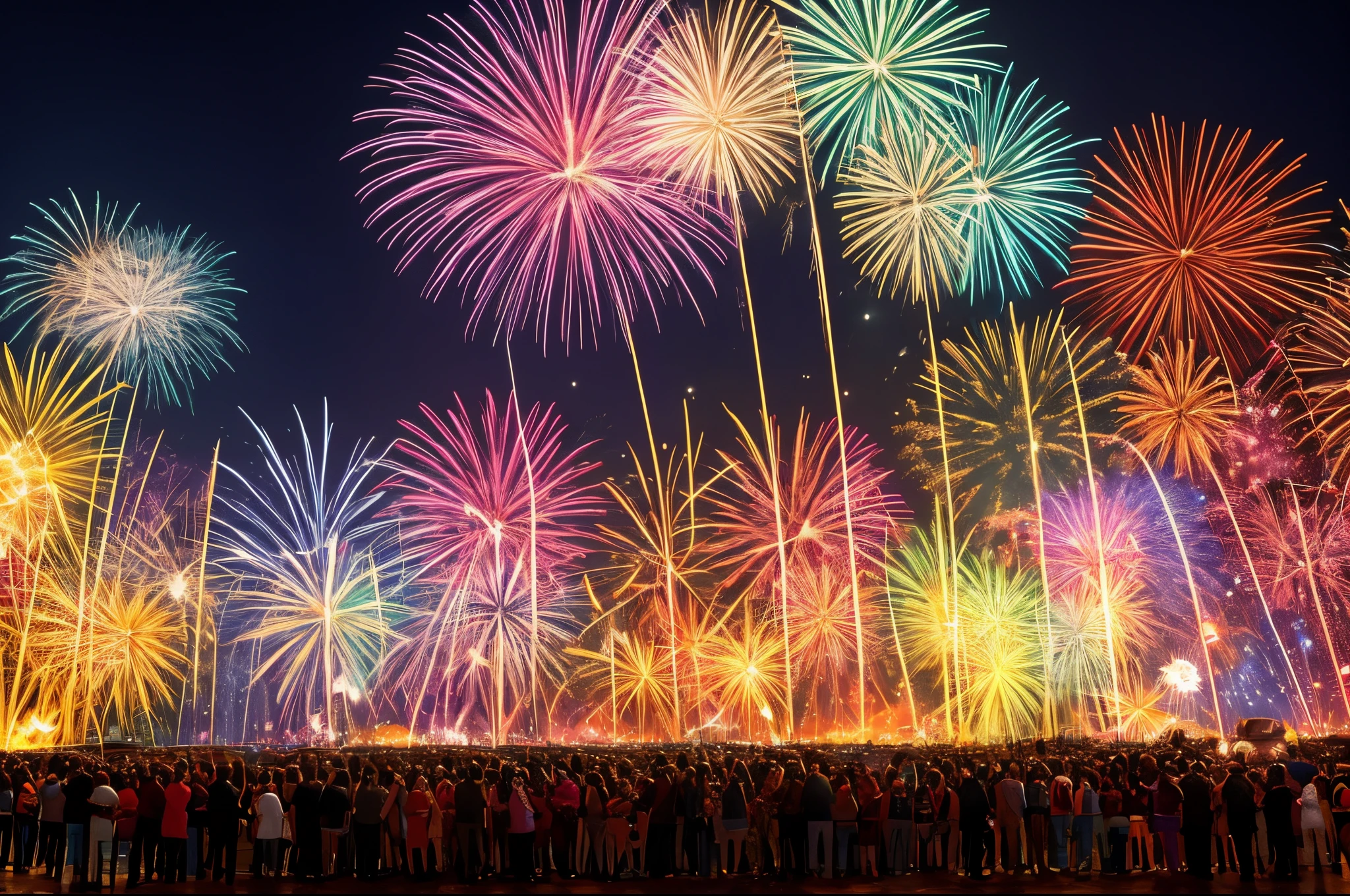 (melhor qualidade, 4k, 8k), ultra-detalhado, (estilo disney, pixar, with several adults), com pessoas se divertindo, cores vibrantes, luzes explosivas, colorful sparks, Stunning display, night sky, celebration, atmosfera alegre, alegre, pyrotechnic show, Skyline iluminado da cidade, arousal, emocionante, Bokeh, Uplighting, Sparklers, brilhante, eletrizante, Grande Final, loud explosions, Espectadores, espanto, Bombinhas, pirotecnia, rajadas multicoloridas, incredible show.